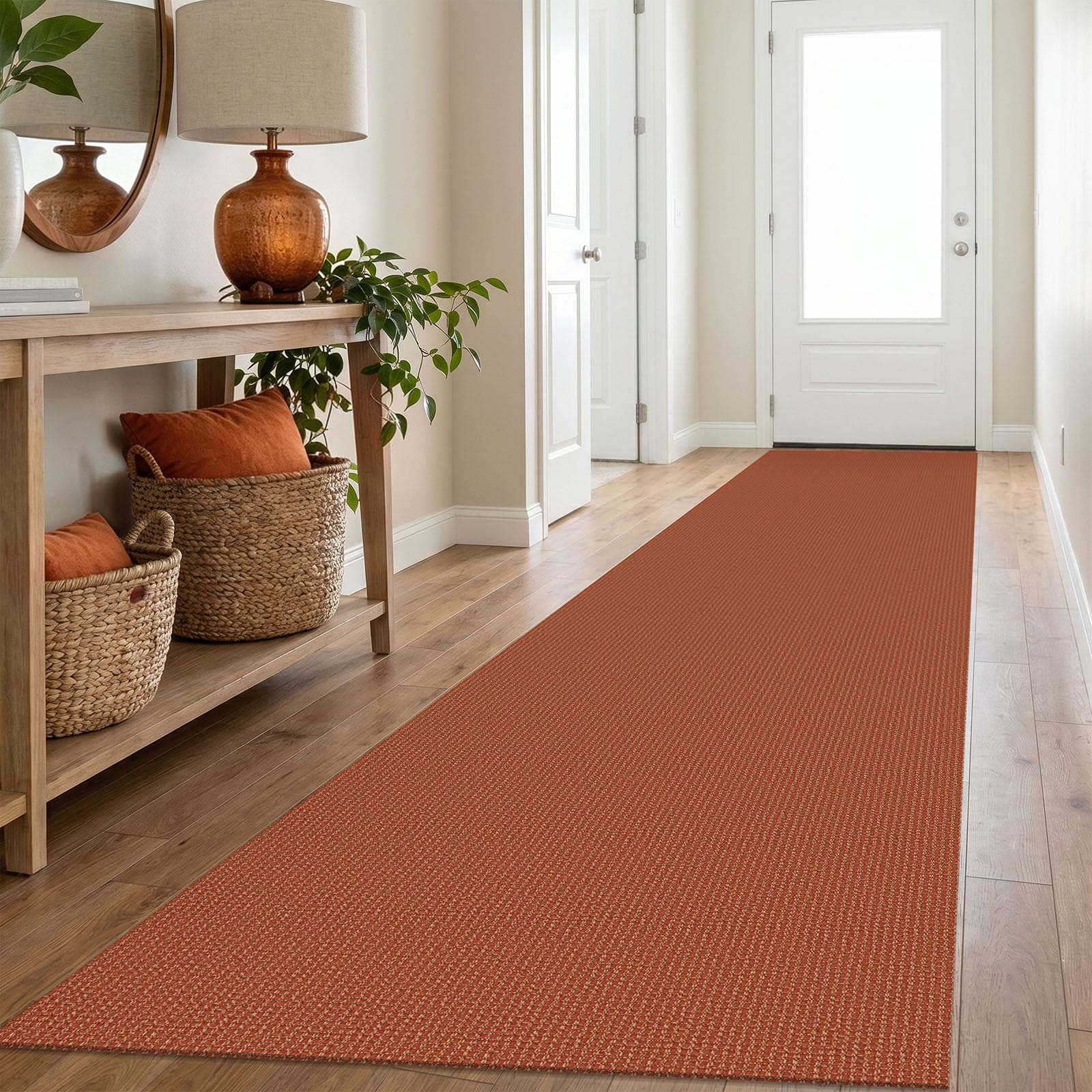 IOHOUZE Washable Exrea Long Hallway Runner Rug 3x16 Non Slip Rubber Backed Kitchen Runner Entryway Runner Indoor, Woven Rugs Floor Carpet for Kitchen Hall Entryway, Burnt Orange/Tan