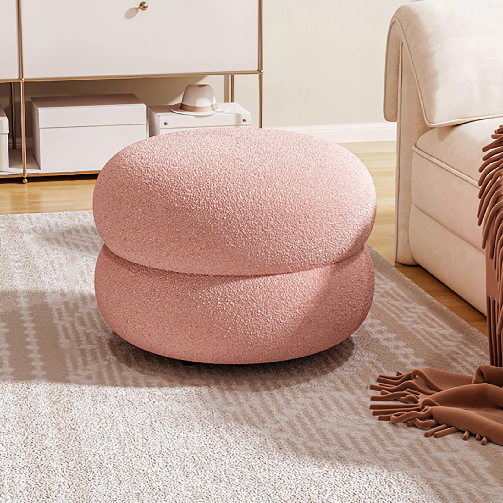 Repose-pieds rond rose 35x35x22 cm rembourré et doux pour salon