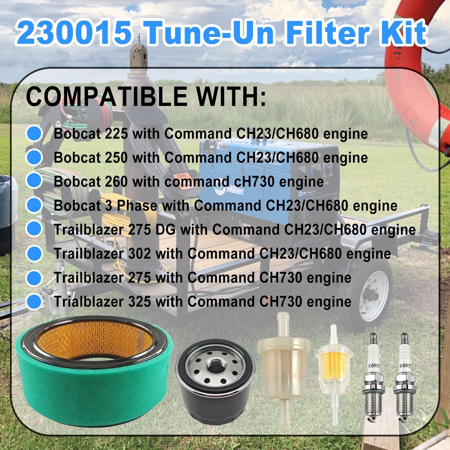 230015 Miller Welders Parts Tune-Up Filter Kit for Bobcat 225 260 & Trailblazer 325, Engine Oil Filter, Air Filter, Spark Plug, Maintenance Kit for Welder Generators bobcat welder service kits