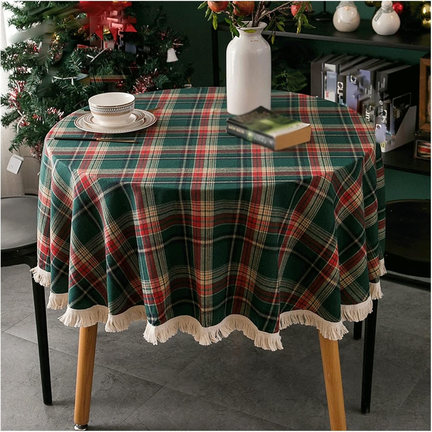 Coffee Table Cover Yarn Dyed Plaid Holiday Wedding Deco Tablecloth Round Tassel Table Cloth for Party(D,140x160cm)