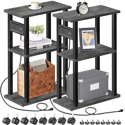 TUTOTAK Mesa auxiliar pequeña y estrecha con estación de carga, juego de 2 mesas auxiliares delgadas para espacios pequeños, mesita de noche delgada