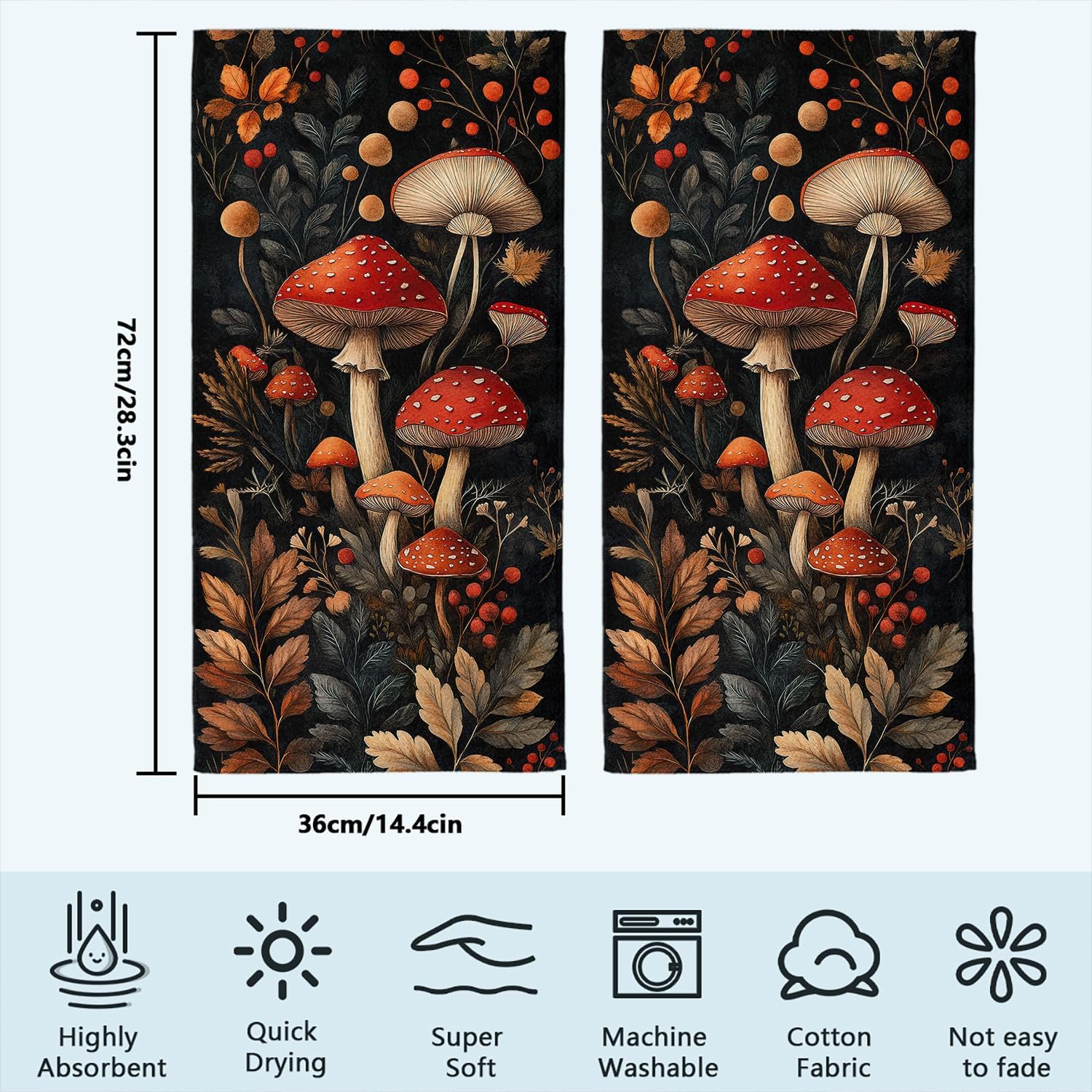 Mushroom Hand Towel Set of 2 Dark Vintage Plant Forest Countryside Absorbent Bath Towels Soft Breathable Bathroom Towel for Kitchen Hotel Spa Decor Gift 14x28 inch - Image 2