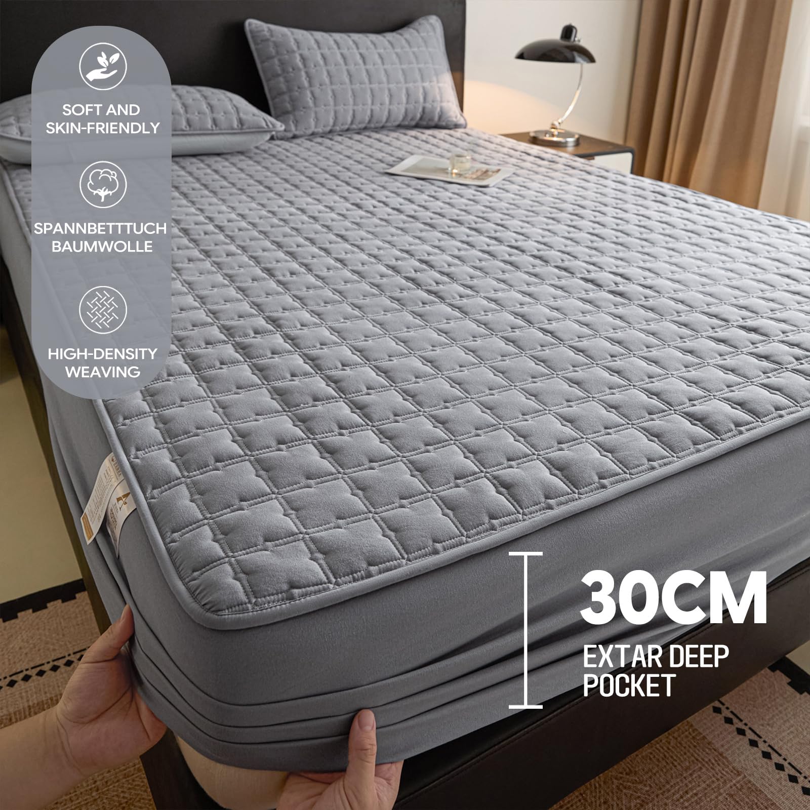 Spannbettlaken 180x200 Khaki Baumwolle Großes Doppelbett | Einfarbig，360°elastische,Ganzjahresgeeignet,mit 2x Kissenbezug von 50x75 cm,Passend für Matratzen bis 30 cm