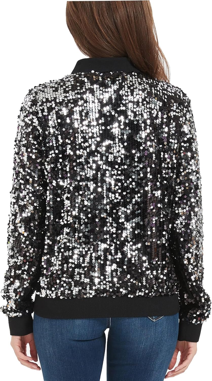 Anna-Kaci Womens Sequin Jacket Sparkle Long Sleeve Front Zip Casual Blazer Bomber Jacket With Pockets - Image 3