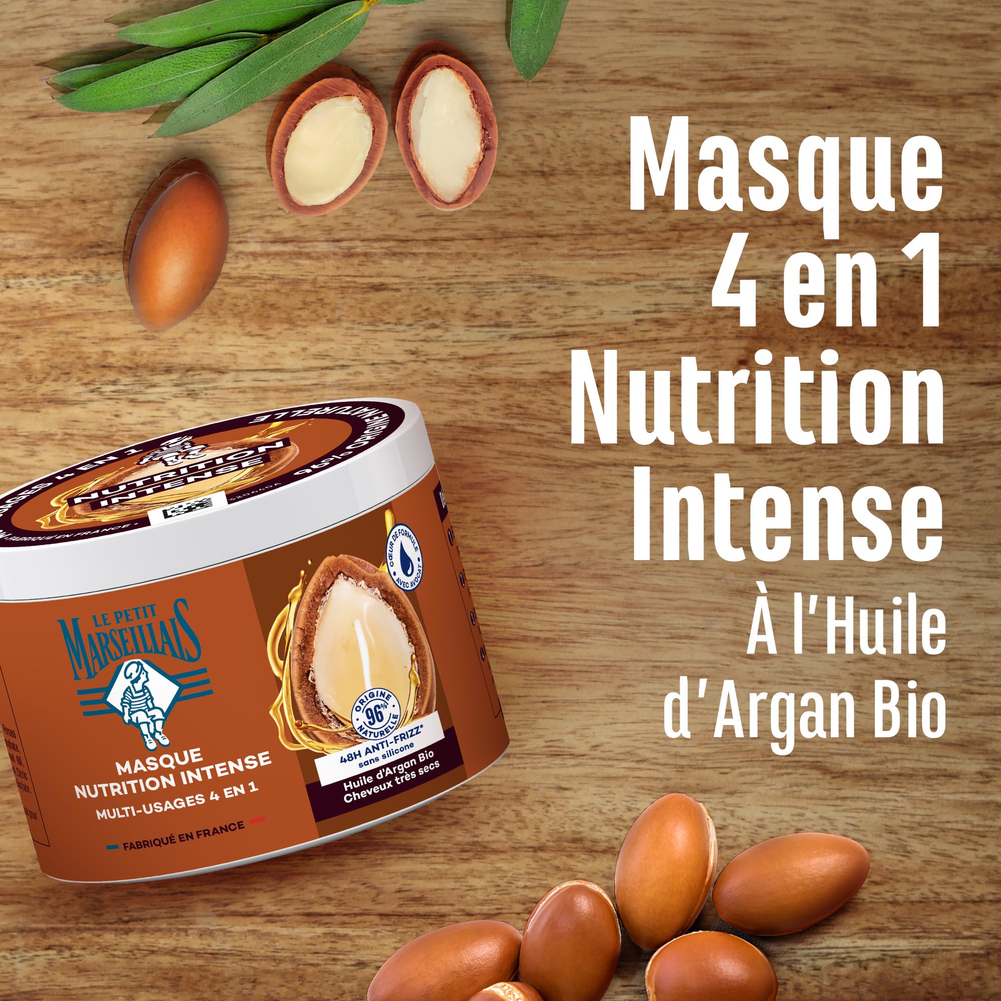 Le Petit Marseillais – Masque 4 en 1 Nutrition Intense Huile d'Argan Bio (pot de 370 ml) – Masque capillaire pour cheveux très secs – Soin cheveux sans silicone 96% d'origine naturelle