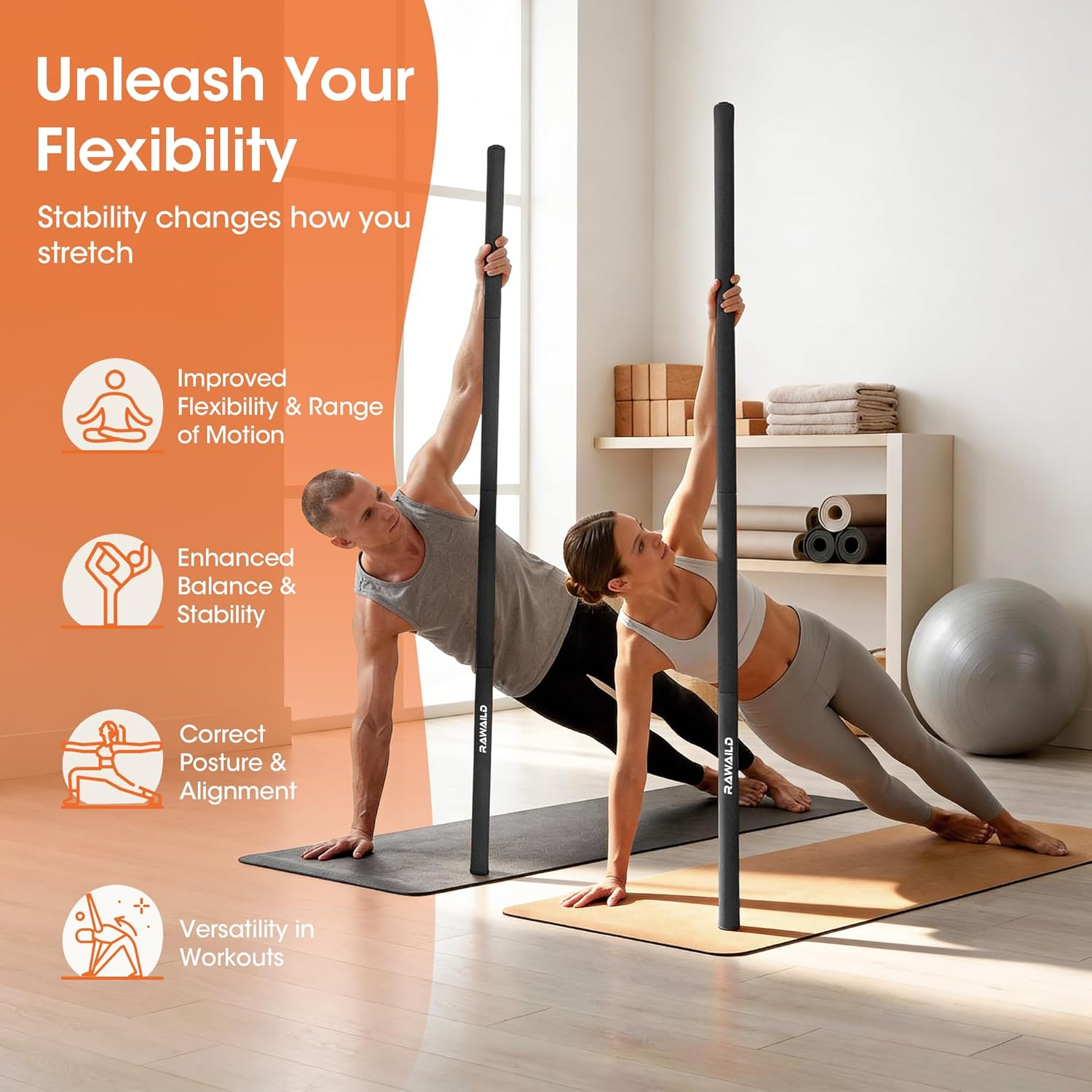 Yoga Stick, Upgraded 5ft Sturdy Steel Mobility Stick, Adjustable Exercise Equipment for Stretching, Flexibility & Balance, Physical Therapy & Posture Correction, Shoulder & Back Relaxation
