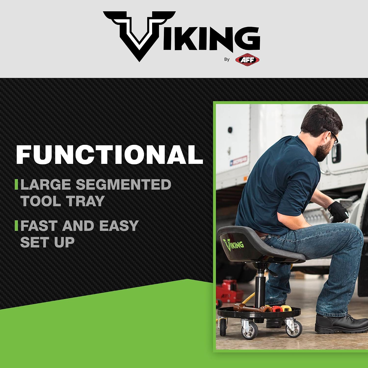 AFF Viking Rolling Shop Stool - Garage Stool on Wheels for Mechanics - Ergonomic Padded Seat - Tool Organizer Tray - 300 lbs Capacity (Multiple Styles)