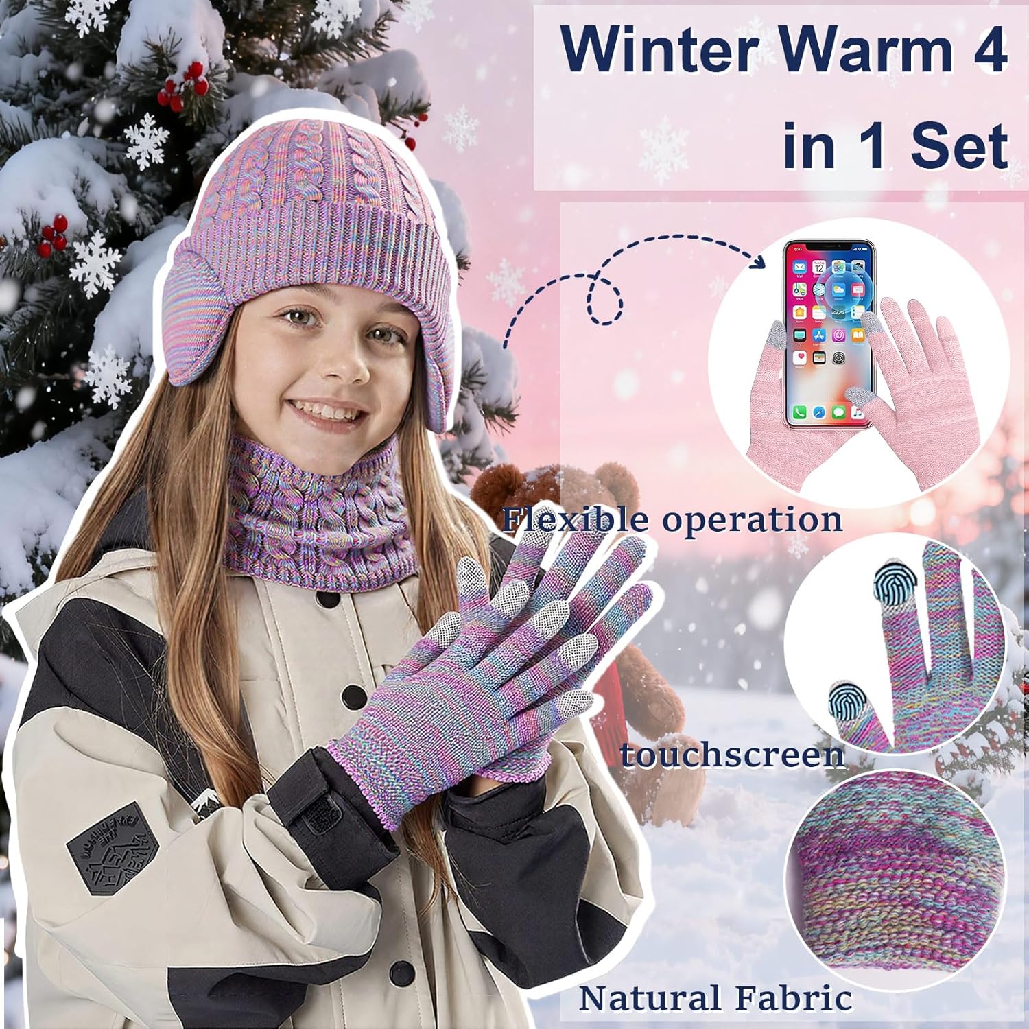 Kids Winter Hat Scarf Gloves Set, Girls Boys Fleece Beanie Hat with Ear Warmer Gloves Plaid Scarf Neck Warmer Set Gifts - Image 3