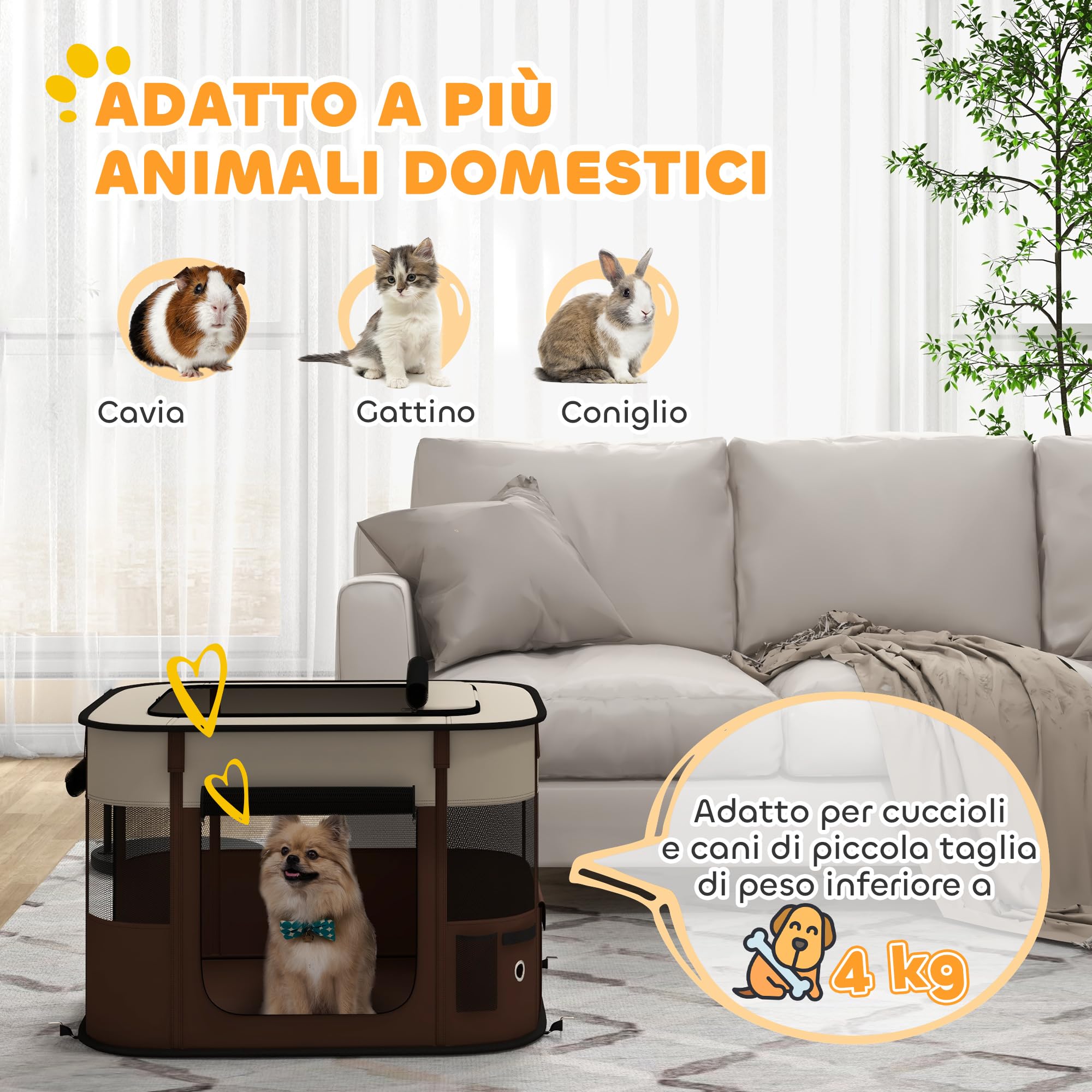 PawHut Box per Animali Domestici con 6 Finestre, 3 Porte e 2 Borse Portaoggetti, Recinto per Cani in Tessuto Oxford e Acciaio, 74x60x45 cm, Marrone
