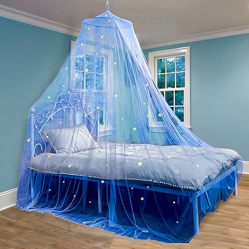Miniatura 3 de Bollepo Toldo de cama arcoíris y azul para niñas con estrellas brillantes – Decoración de habitación de red de cuna de princesa | Cortinas de cama