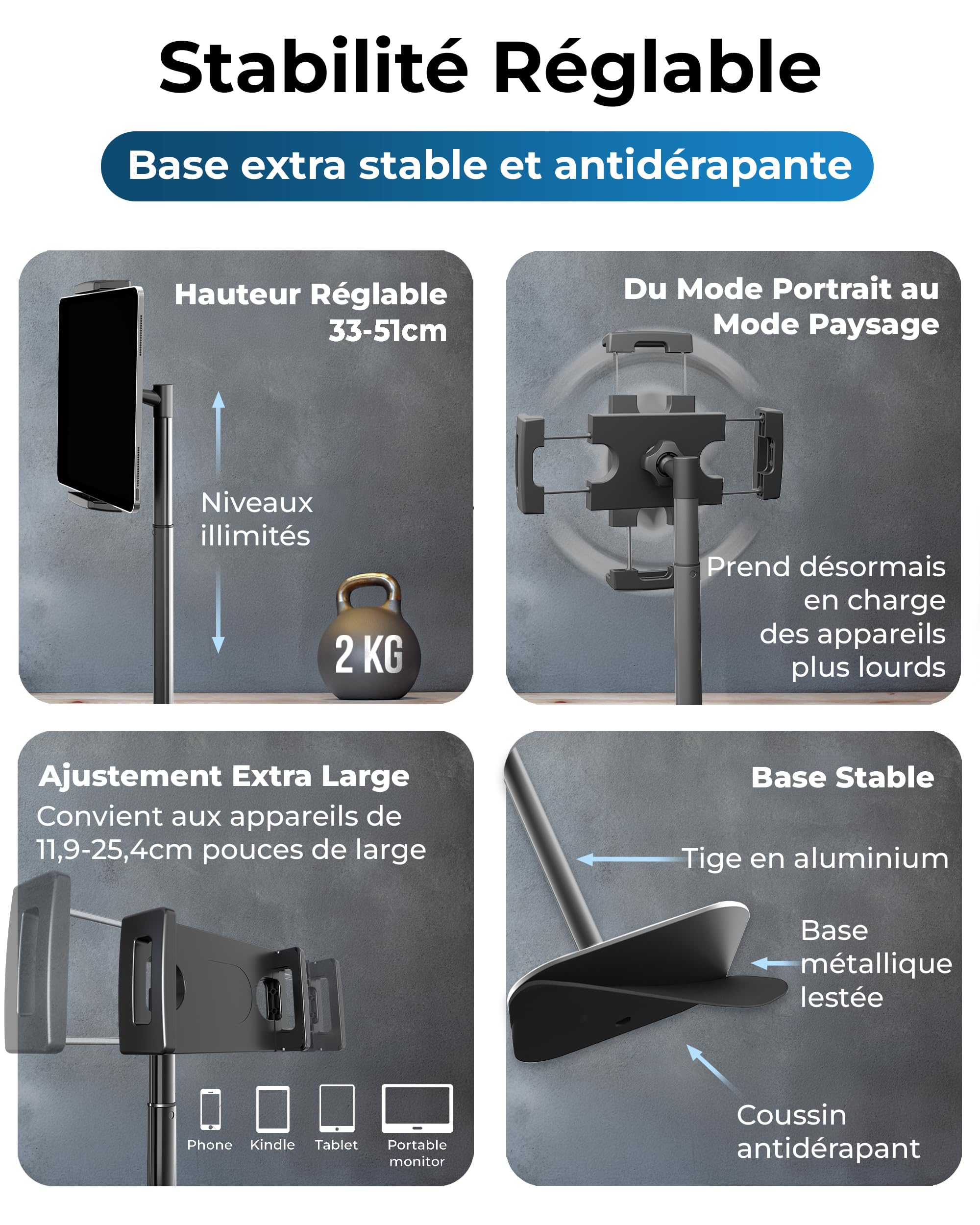 COOPER TabStand Support iPad Bureau 51 cm, Support Écran Portable jusqu'à 17" Charge 2 kg, Support Tablette Bureau, Fixation Tablette, Compatible iPad Apple, Samsung, Kindle, Fire (Noir)