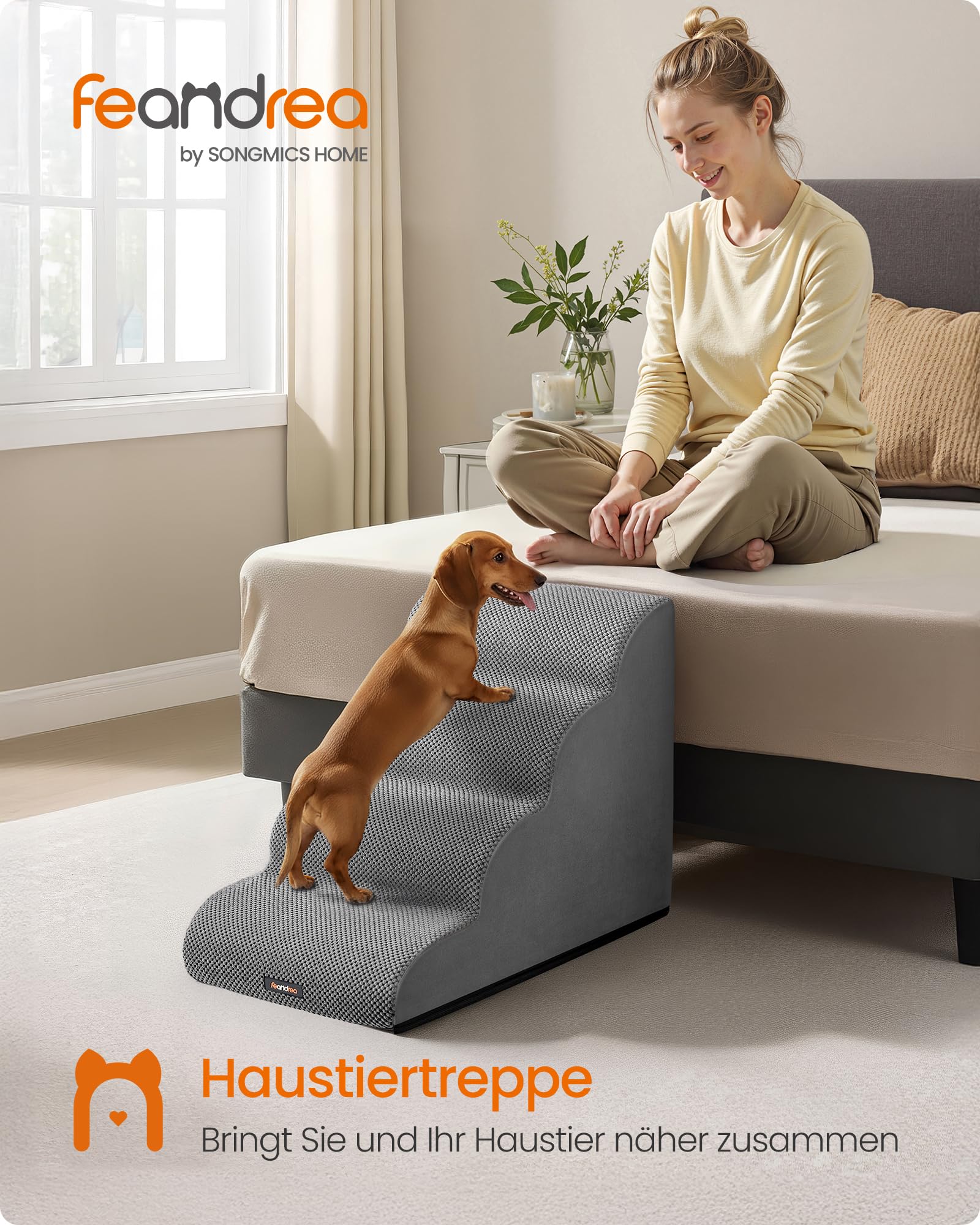 Feandrea Hundetreppe, 4 Stufen, Waffelcord, Haustiertreppe, für Bett, Sofa, wasserdicht, rutschfest, geringe Neigung, Abnehmbarer waschbarer Bezug, Griff, Taubengrau PPS014GD01