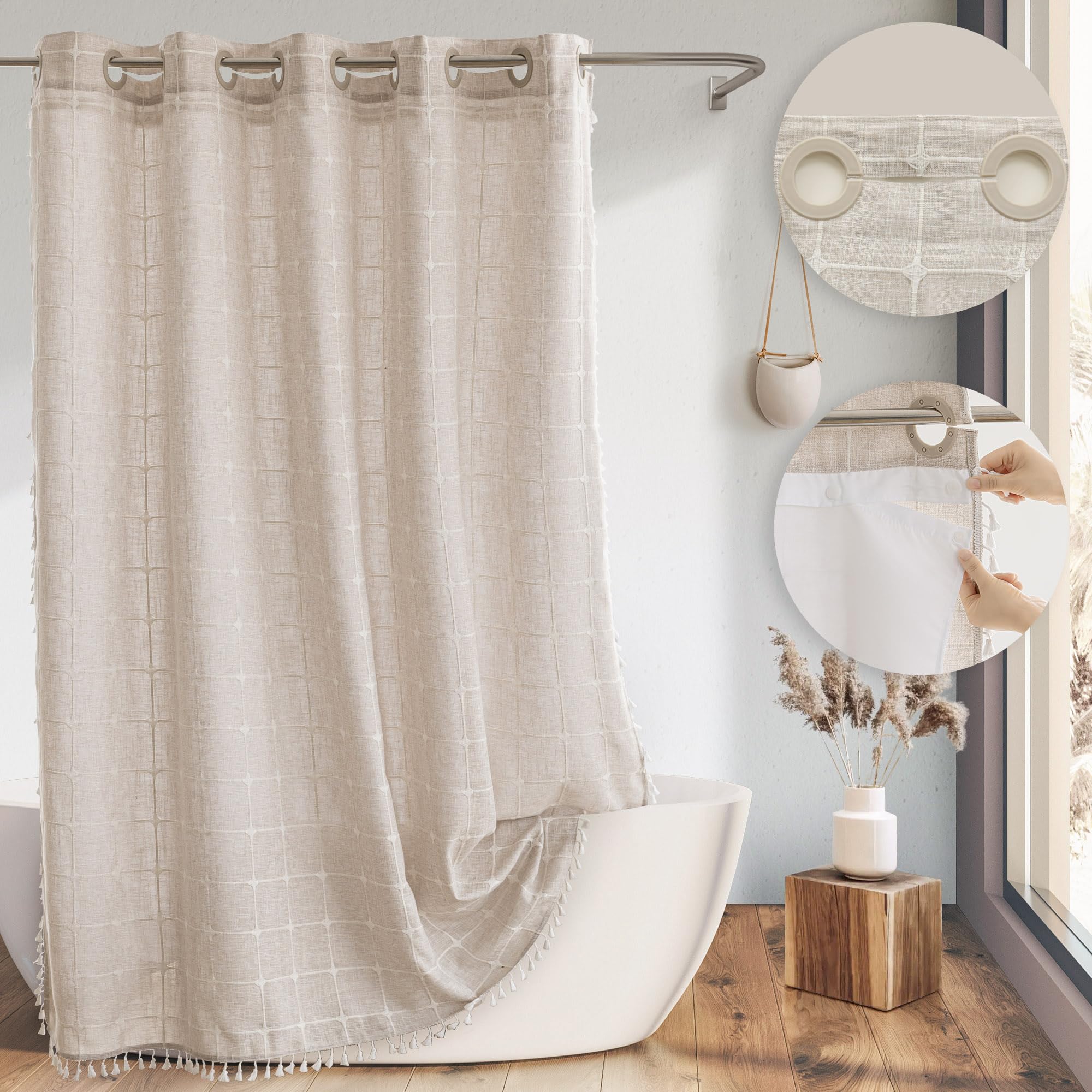 River Dream Farmhouse Shower Curtain with Snap-in Liner, No Hooks Needed,with Magnets,with Tassels,Water Repellent&Machine Washable,71x86Inch