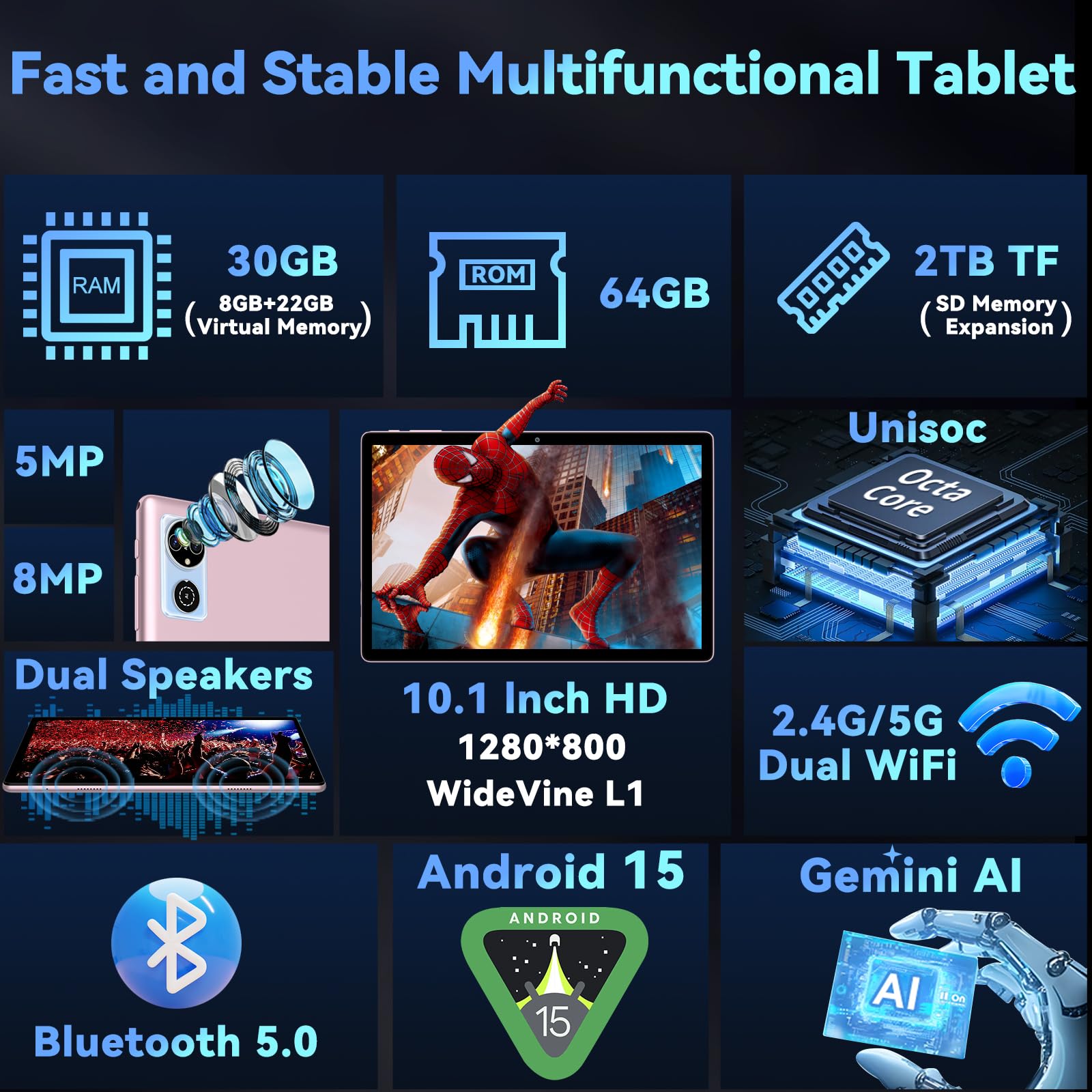 AI Tablet 10 Pollici Android 15, 30GB RAM+64GB ROM(TF 2TB), 8 Core 2.0 Ghz, 5G+2.4G Wi-Fi, BT 5.0, 8MP+5MP, Cast, 1280 * 800 FHD, Widevine L1, GMS Tablet PC con Tastiera e Mouse,Caso (Oro rosa)