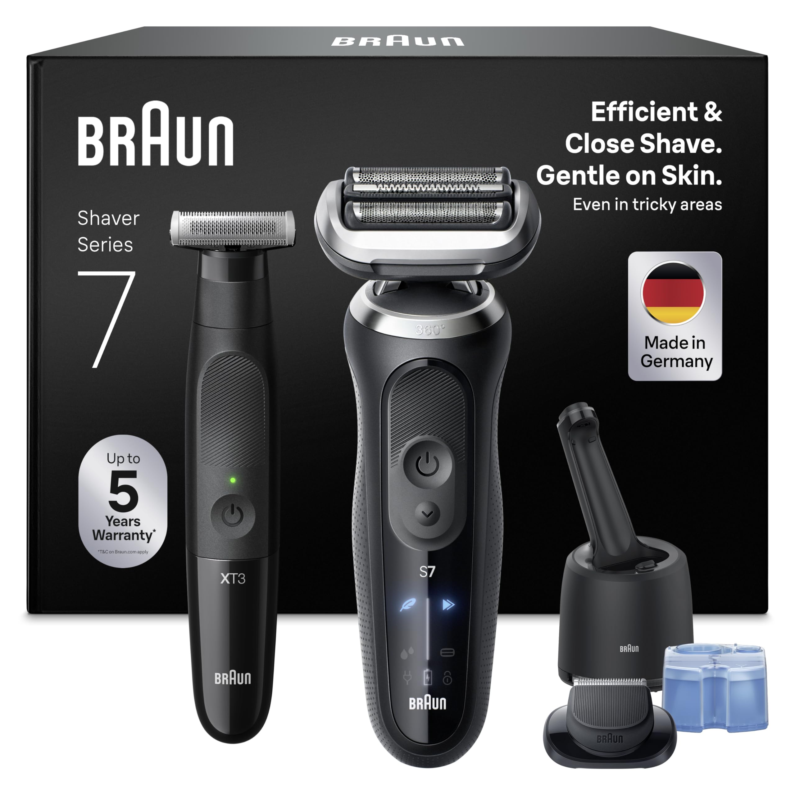 Braun Bundle mit Series 7 Rasierer Kabelloser, Nass und Trockenrasierer, Wasserdicht, Made in Germany, N7200cce, Schwarz + Series XT3 Barttrimmer & Bodygroomer, Wasserdicht, XT3200, Schwarz