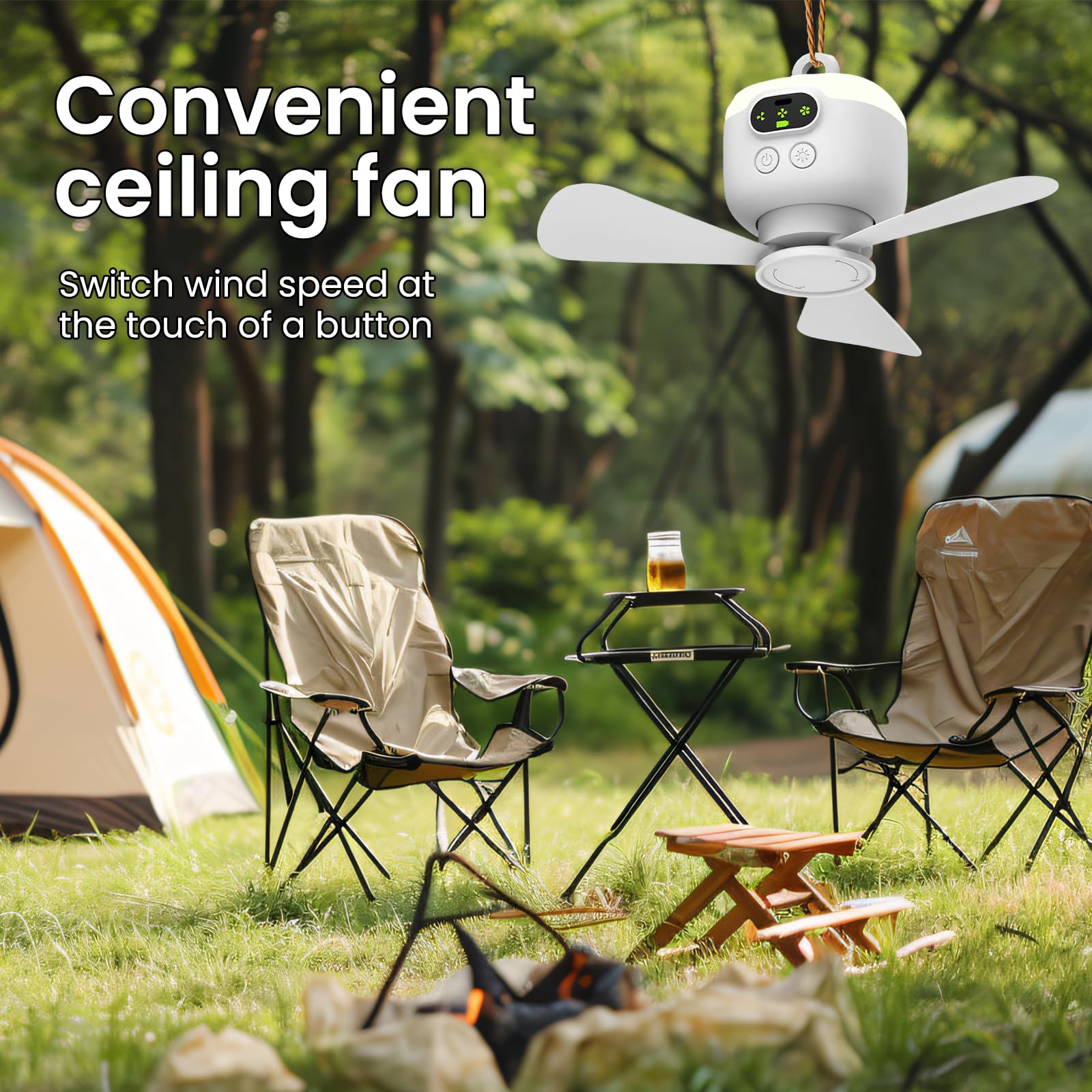 EagerMinds Lampe LED avec Ventilateur de Camping Rechargeable USB - 3 Vitesses - Pour la Pêche, la Randonnée, l'Extérieur