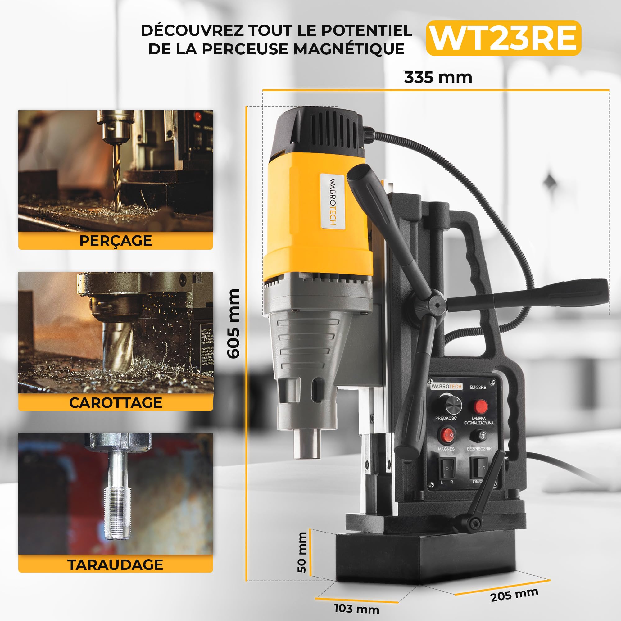 WT23REWG Perceuse Magnétique 50 mm - Carotteuse à Diamant 580 tr/min - Carotteuse Diamant Portative M3-M16 pour le Travail des Métaux - Perceuse Aimantée 1880 W - Foreuse Magnétique 13000 N