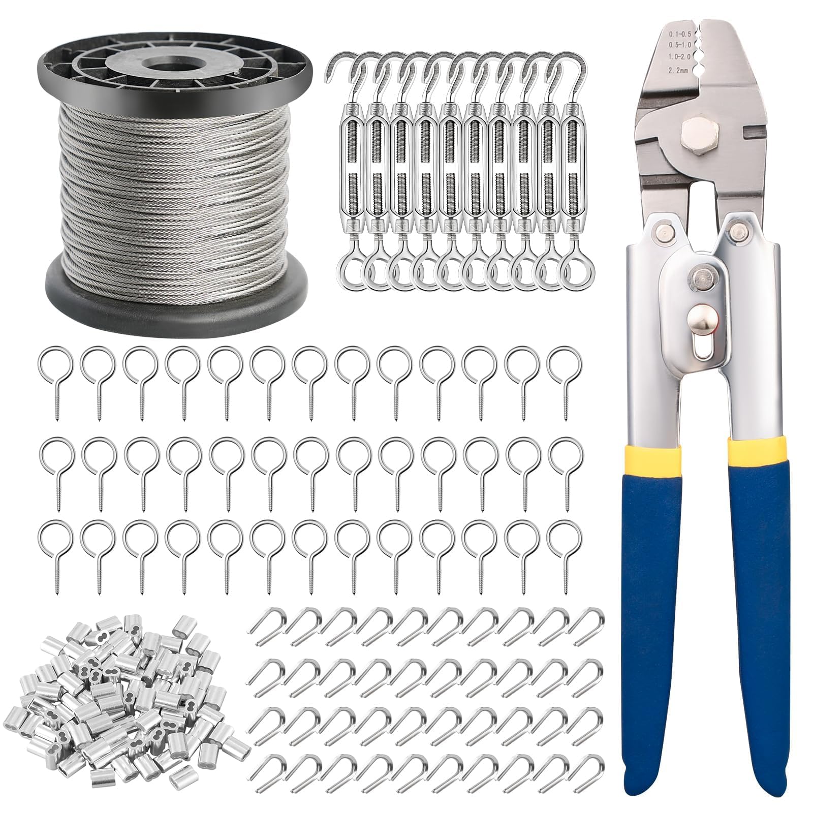 TooTaci Câble en Acier 100M avec Kit Tendeurs, Câble 1,5mm avec Outil de Sertissage Swager, Outil 2 en 1 Coupeur & Sertisseur – Idéal pour Treillis de Jardin, Clôture et Garde-Corps