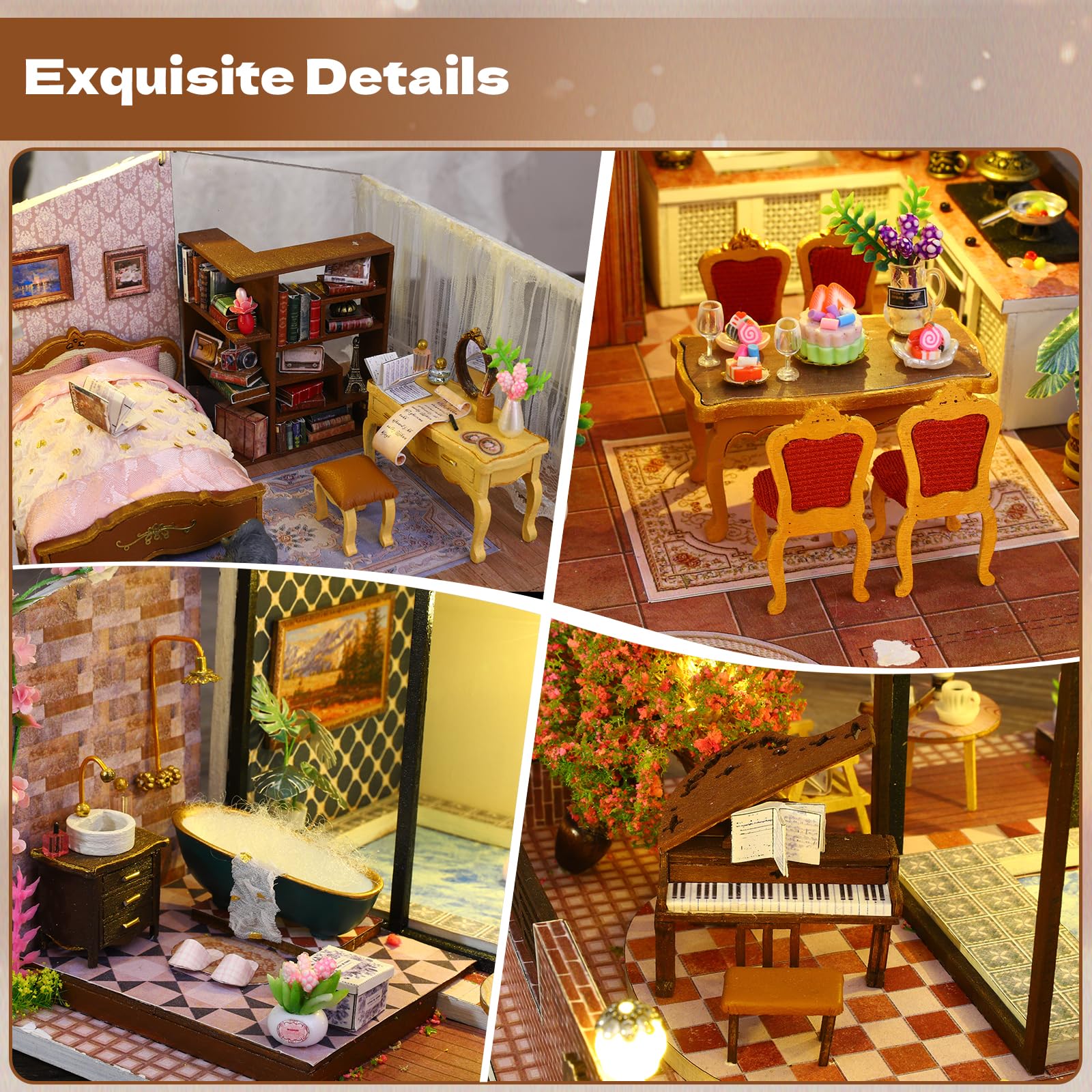 DIY Miniatur Haus, Mini 3D Holzpuzzle Puppenhaus Modell Set mit LED Spieluhr, Romantische Villa Tiny Haus Bücherregal Deko Bastelset, Geburtstag Geschenk für Erwachsene Frauen Männer