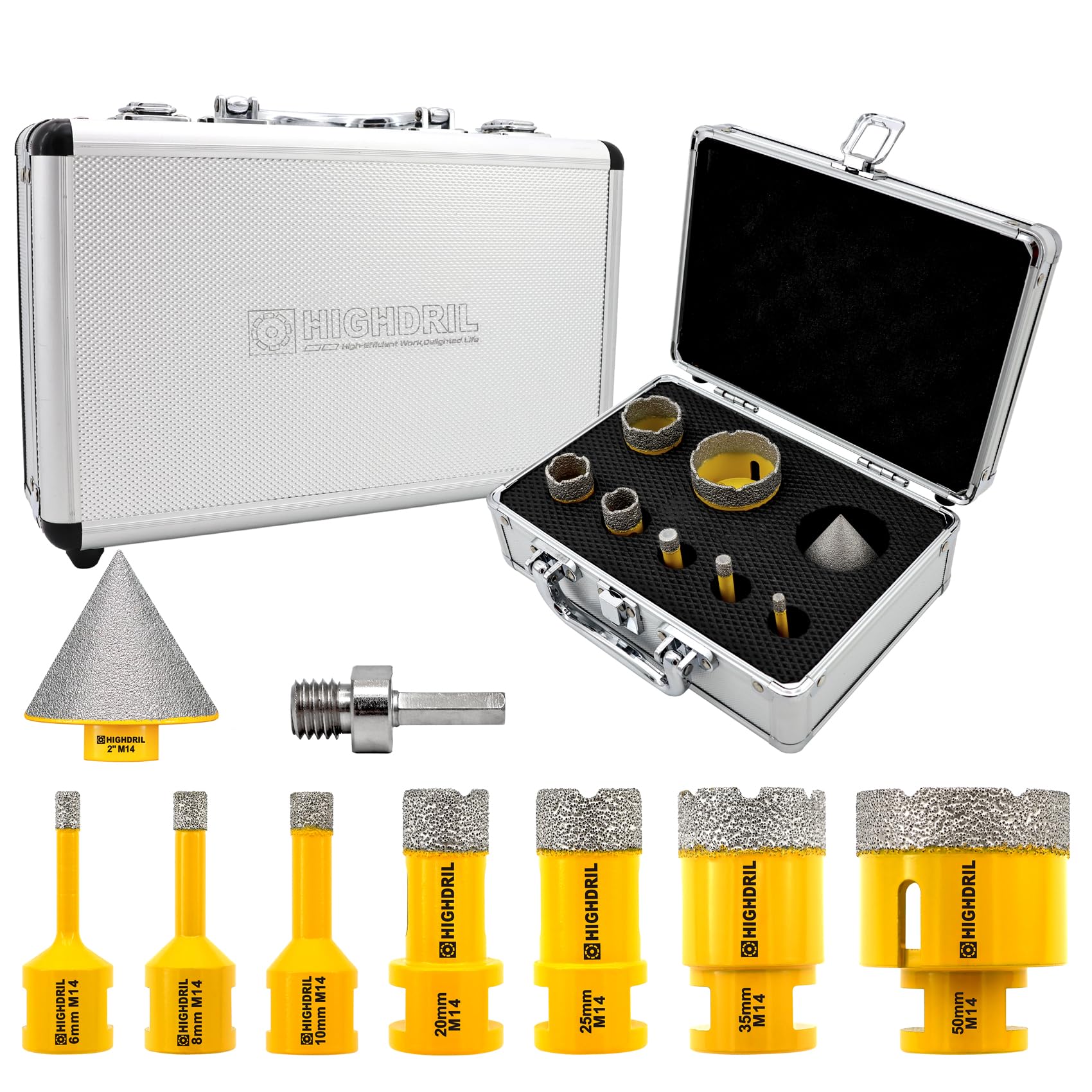 SHDIATOOL Diamantboor, 10 stuks (6/6/8/10/35/50/68 mm 25 mm vingerfrees 50 mm fasenboor hex/SDS) gatenzaagset, tegelboor voor porselein, keramiek, marmer, schroefdraad M14