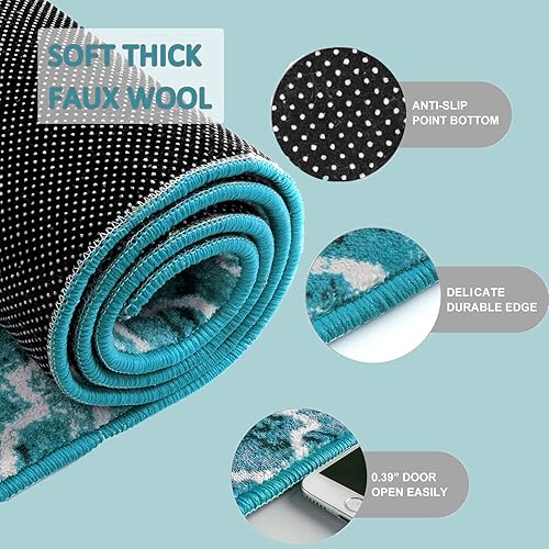 Miniatura 2 de Wonnitar Alfombra marroquí lavable  Alfombra pequeña de 2 x 3 pulgadas color azul antideslizante para fregadero de cocina moderna diseño geométrico