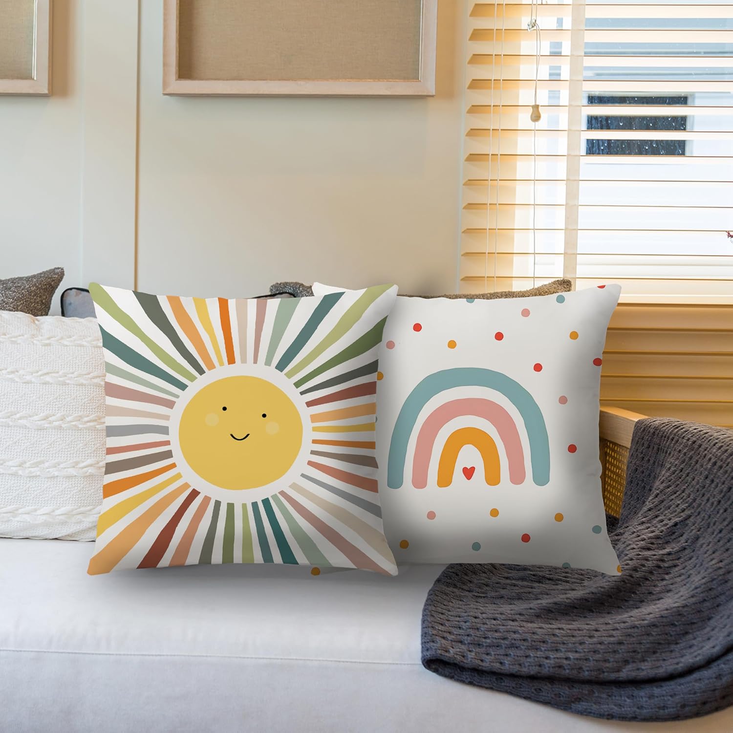 Cute Boho Rainbow Sun Sunshine Pillow Decor Cover 18x18cinch, Mid Century Modern Boho Rainbow Sun Decor Pillow Cases for Girls Room Kids Room Bed Couch - Image 4