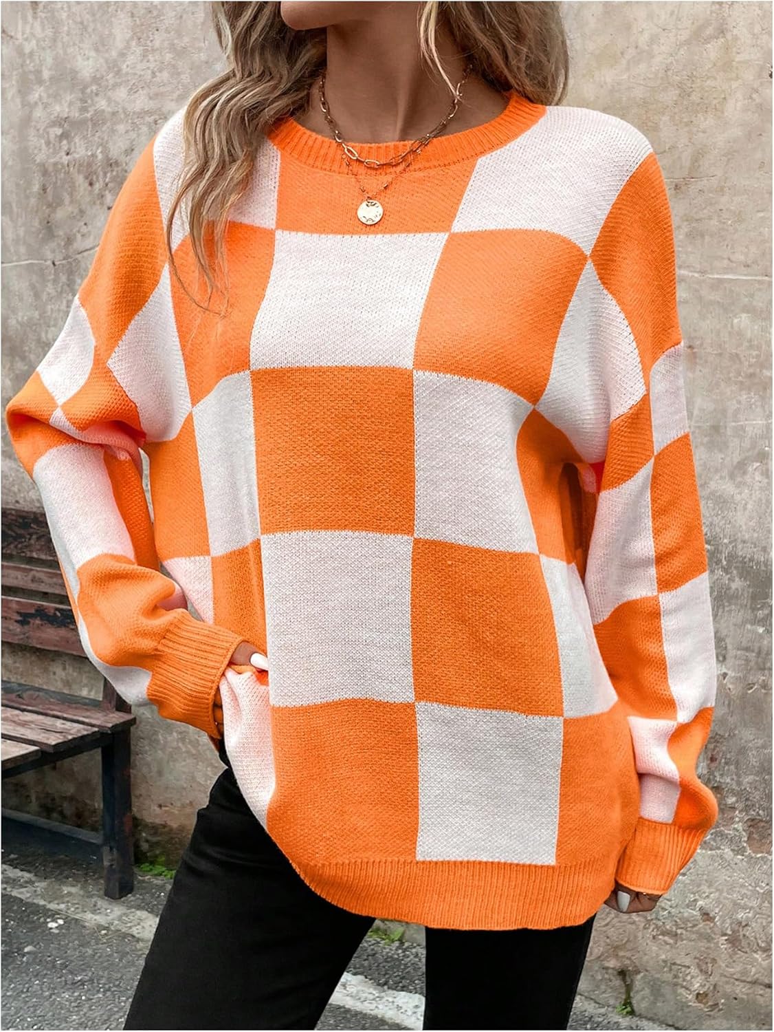 GORGLITTER Women's Argyle Checkered Sweater Plaid Long Sleeve Fall Knit Sweater Pullover Tops - Image 4