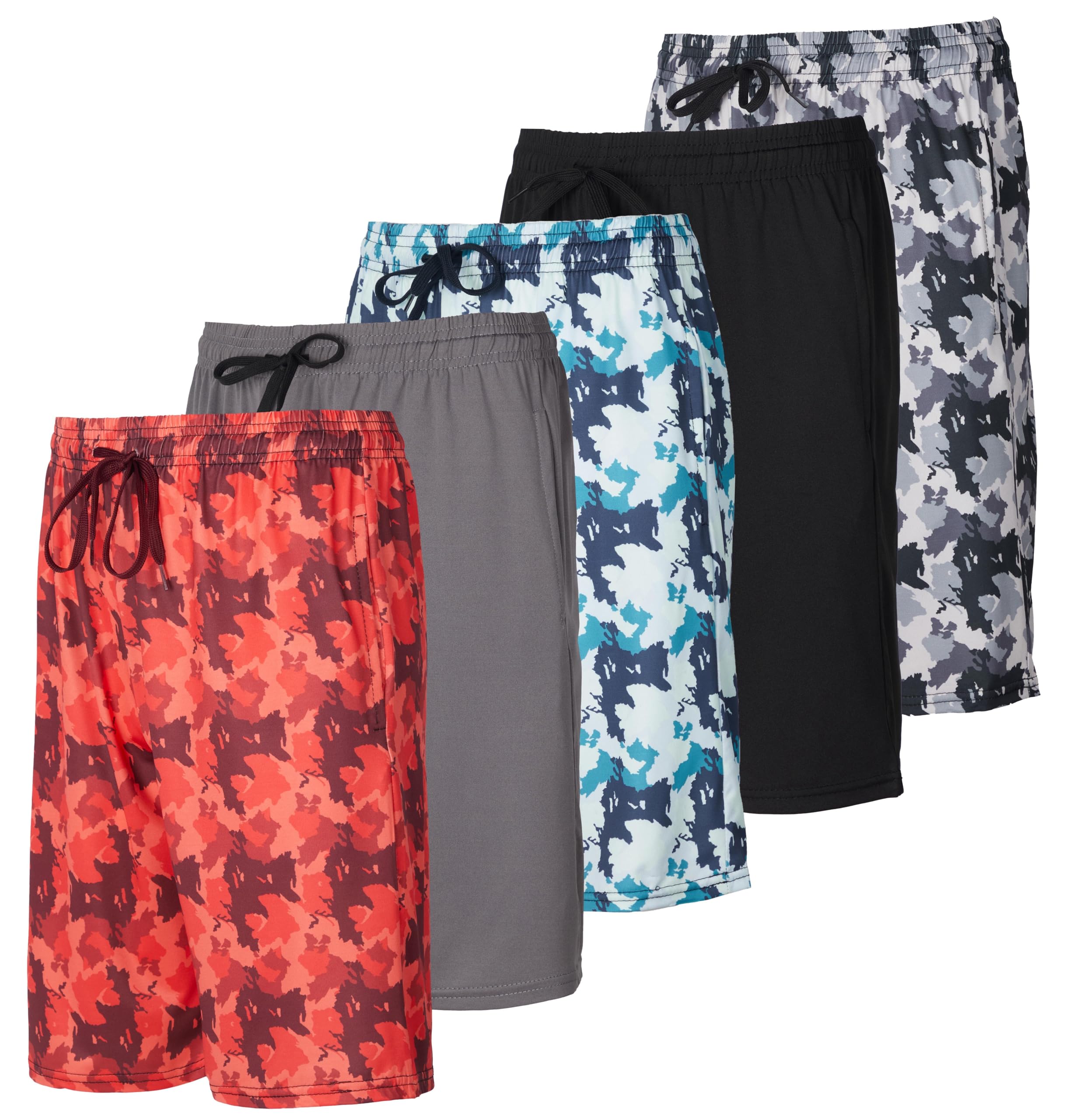 (Size XL) Real Essentials 5-Pack Boys' Dry-Fit Active Athletic Performance Basketball Shorts with Pockets