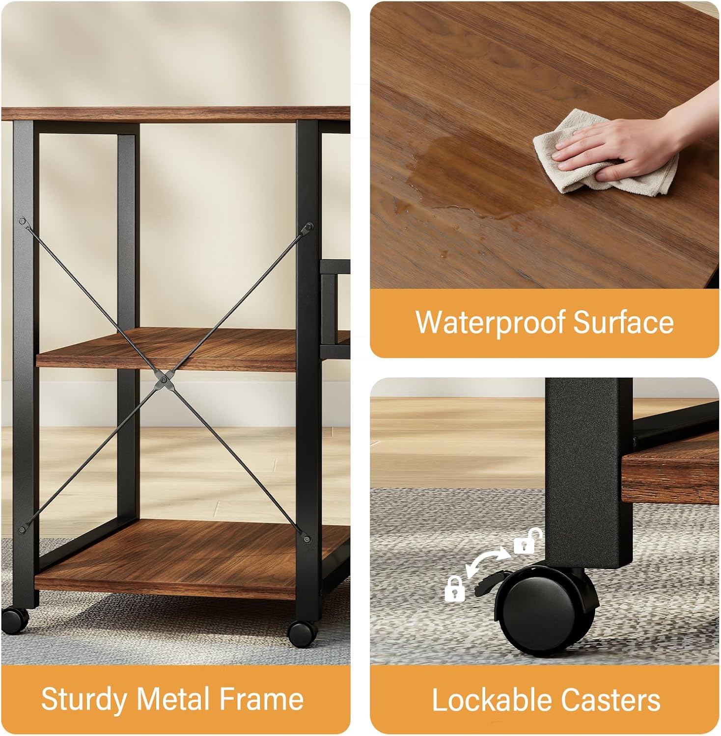 Folding Desk with Storage Shelf, Writing Office Computer Desk, 42.5 Inch Multi-Purpose Folding Dining Table, Mobile Table with Wheels (Brown)