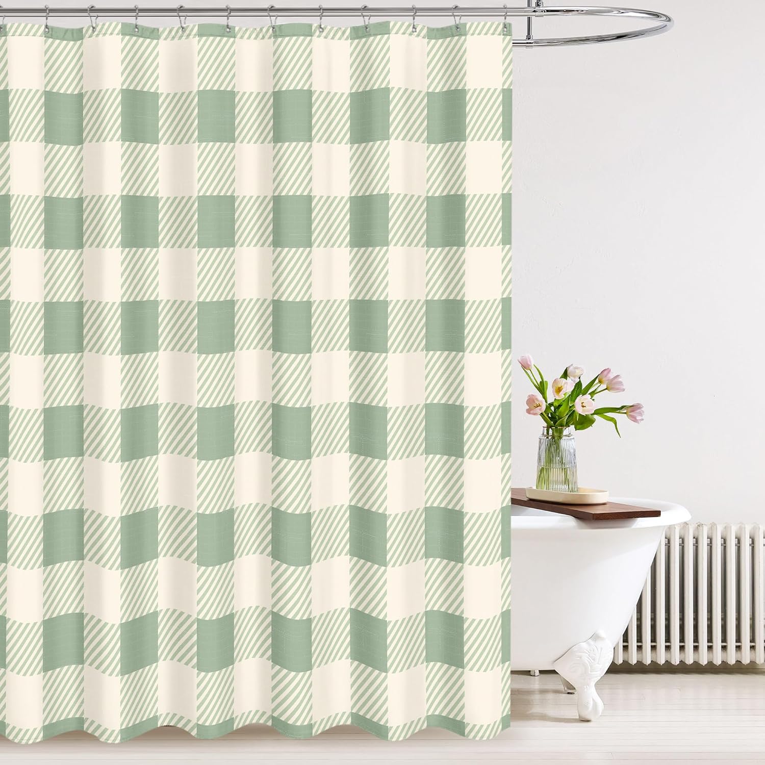 Tititex Classic Buffalo Plaid 140gsm Faux Linen Fabric Shower Curtain, Beige Sage Green Buffalo Check Grid Shower Curtain Sets Decoration 72x72 Inch with Hooks