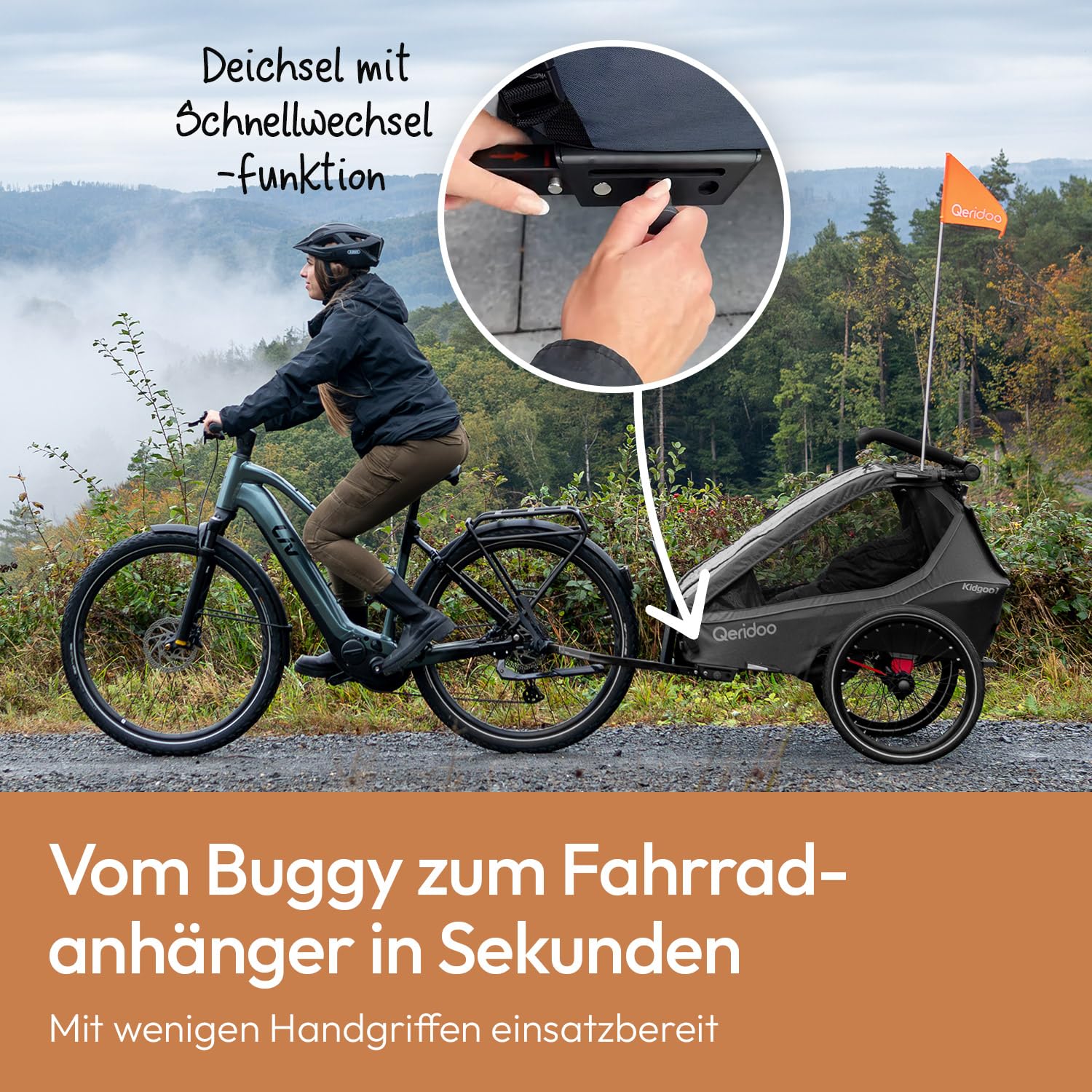 Qeridoo Kidgoo 1 Steel Grey Fahrradanhänger 1 Kind mit Federung & Easy ARS klappbar Kinderbuggy 38L