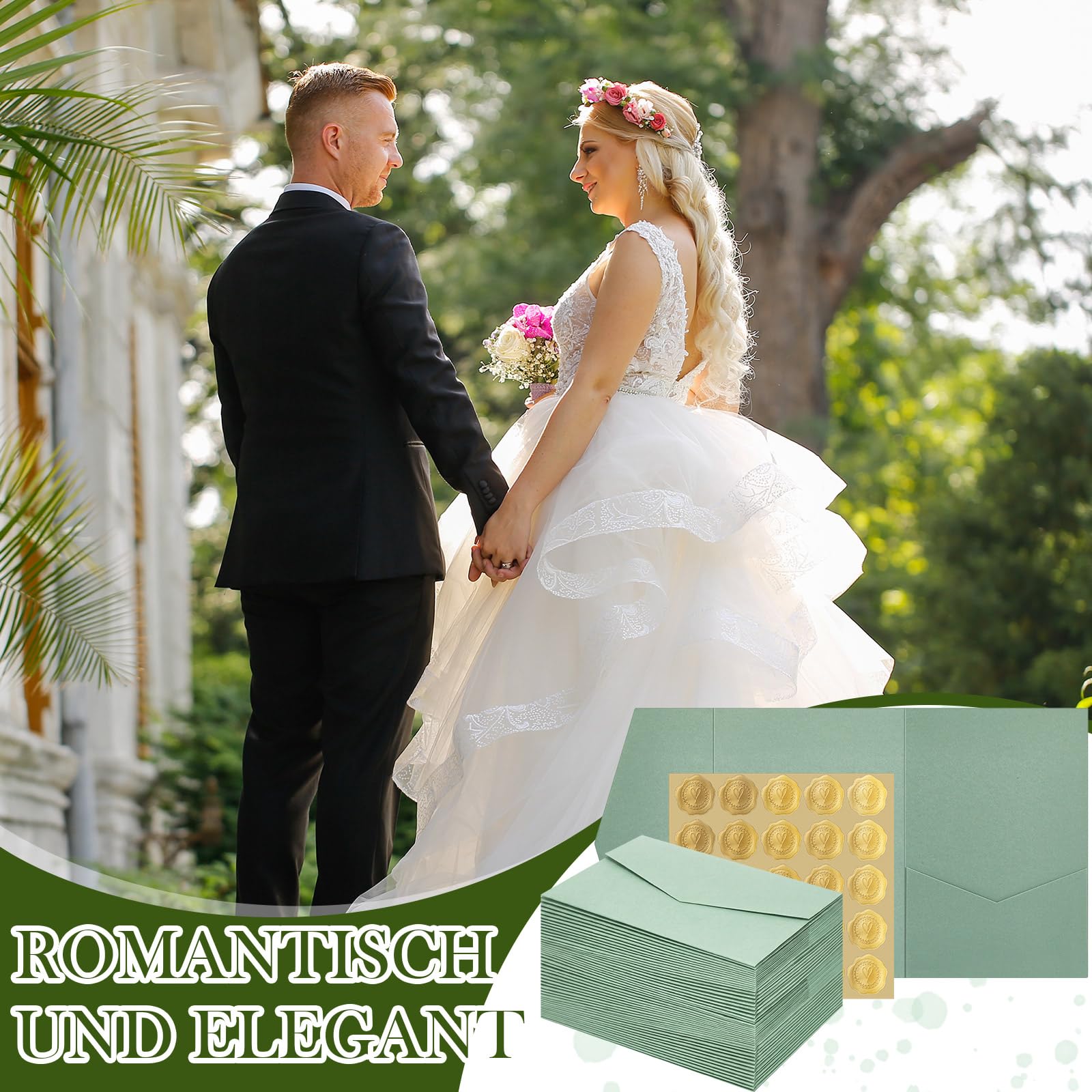 Tenare Sobres de Papel Plegables y Sellos de Cera Autoadhesivos para Sobres DIN A6 Tarjetas de Invitaciones de Boda Tarjeta de Boda de Cumpleaños(Verde Claro,50 Unidades)
