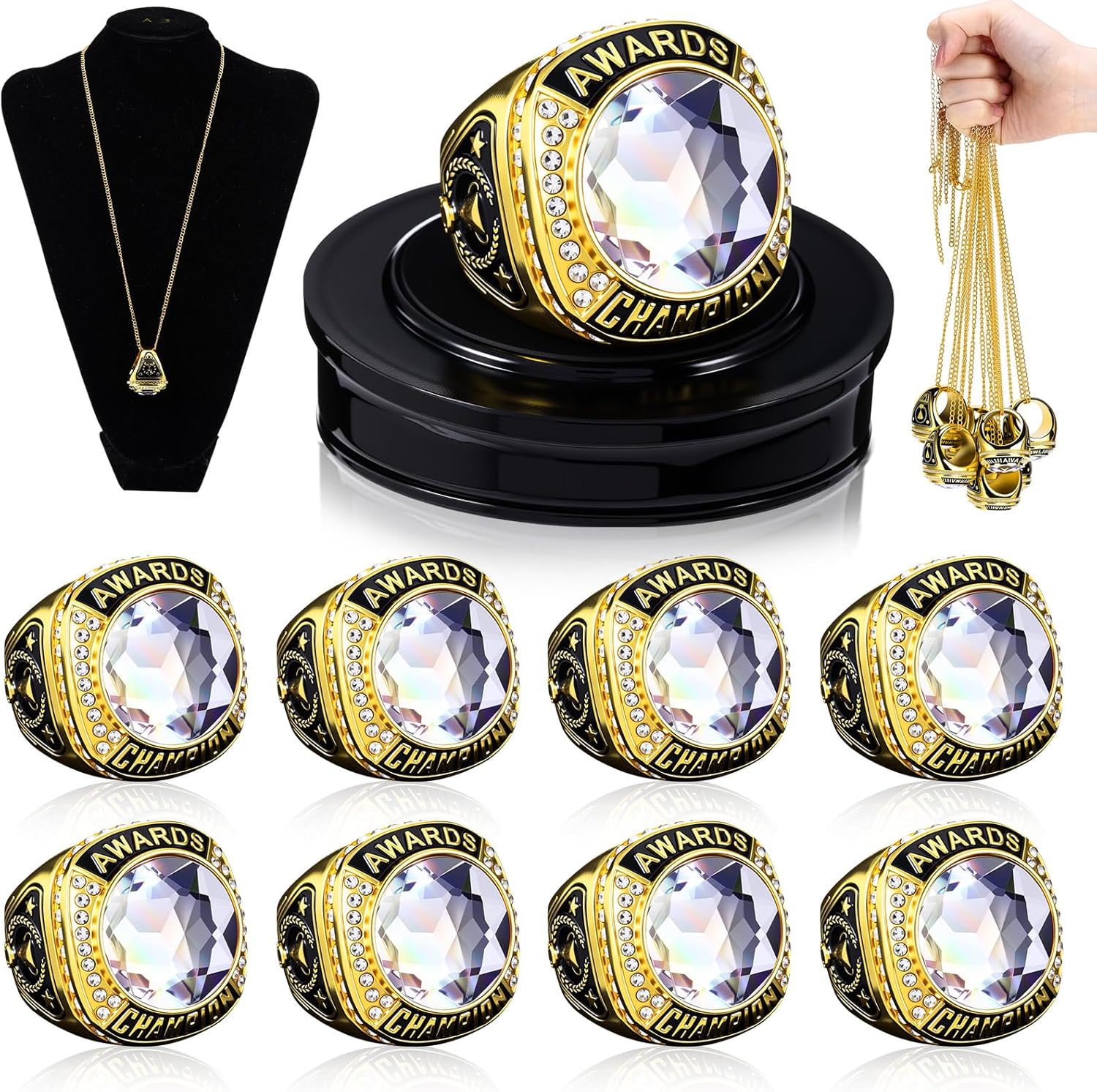 Landical 10 Pcs Championship Trophy Rings Bulk MVP Winner Youth Award Gift with Neck Chains and Display Stand for Basketball Baseball Football Volleyball Softball