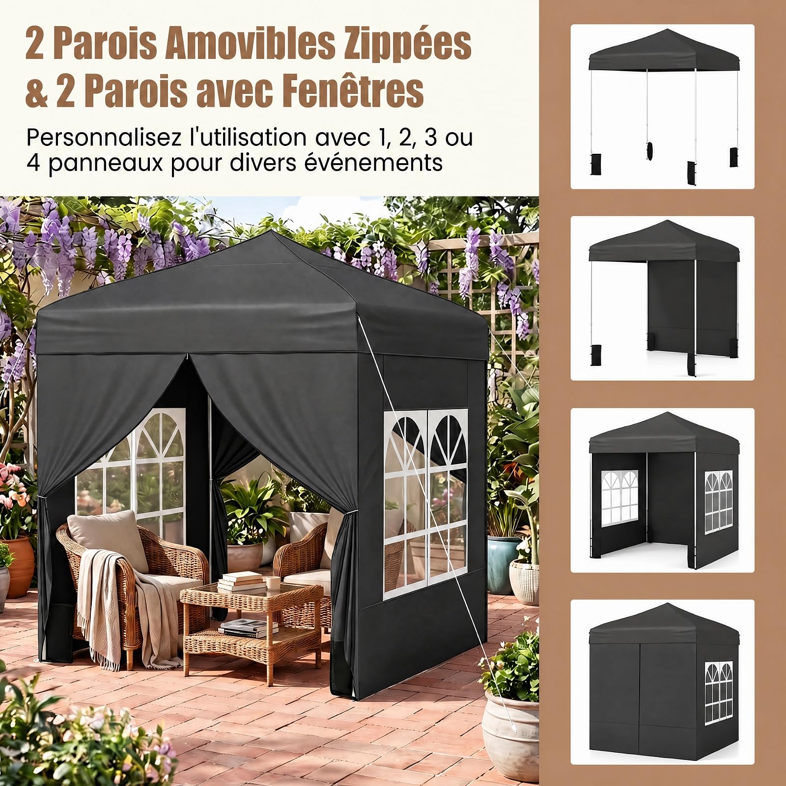 RELAX4LIFE Tonnelle Pliante 2x2 avec Parois Amovibles, Barnum Pliant pour Activités Plein Air, 2 Portes Zippées, Gazebo 2x2 Portable avec Sac à roulettes pour Terrasse Marché Festival (Noir)
