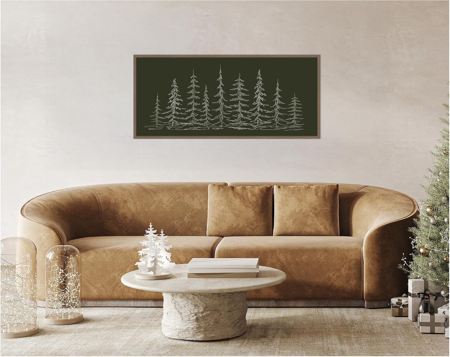 Kate and Laurel Framed Canvas Wall Art Print 'Minimalist Evergreen Trees Sketch' by The Creative Bunch Studio, 40 x 18 Sylvie Dark Gold Frame, Modern Contemporary, Nature Art for Wall Decor