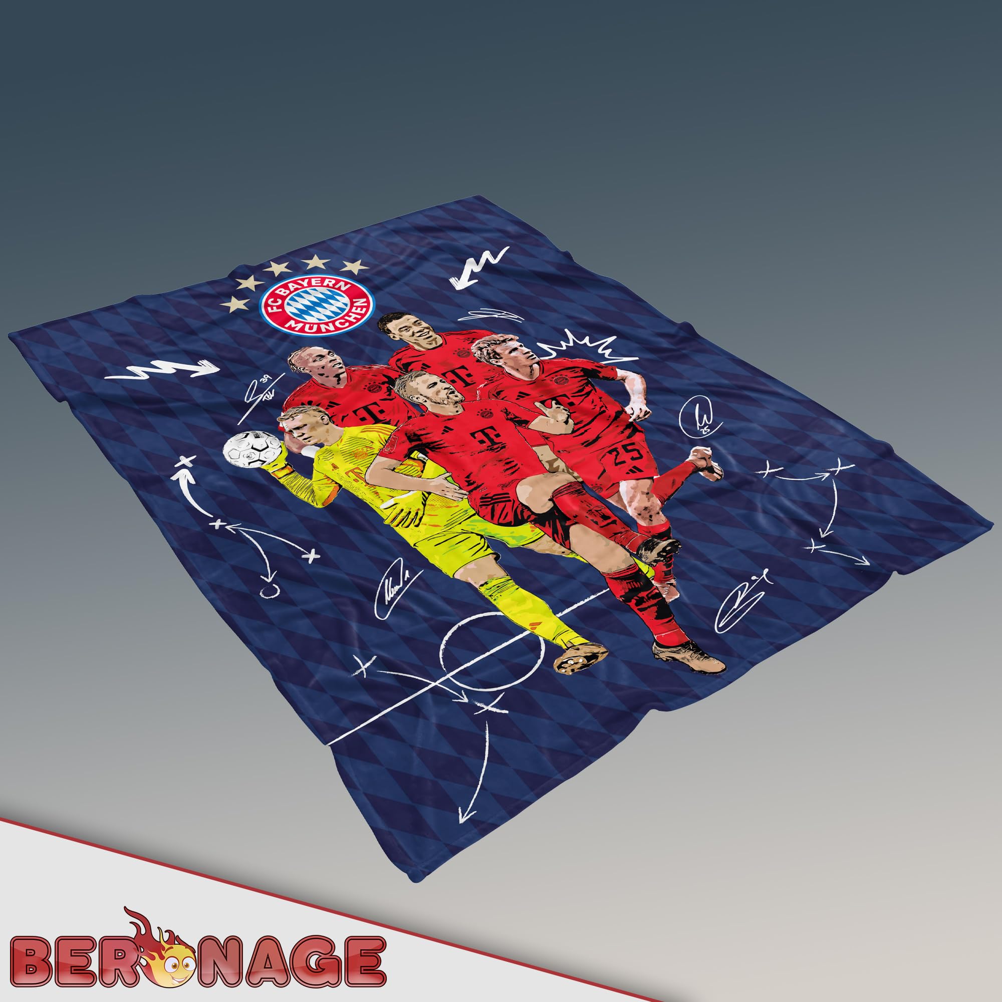 FC Bayern München Decke Player 150 x 200 cm – Kuscheldecke Motiv: Harry Kane, Neuer, Müller, Tel – Ideal für Sofa und Bett – Mia san Mia Fanartikel, passend zur FCB Fußball Fan-Bettwäsche