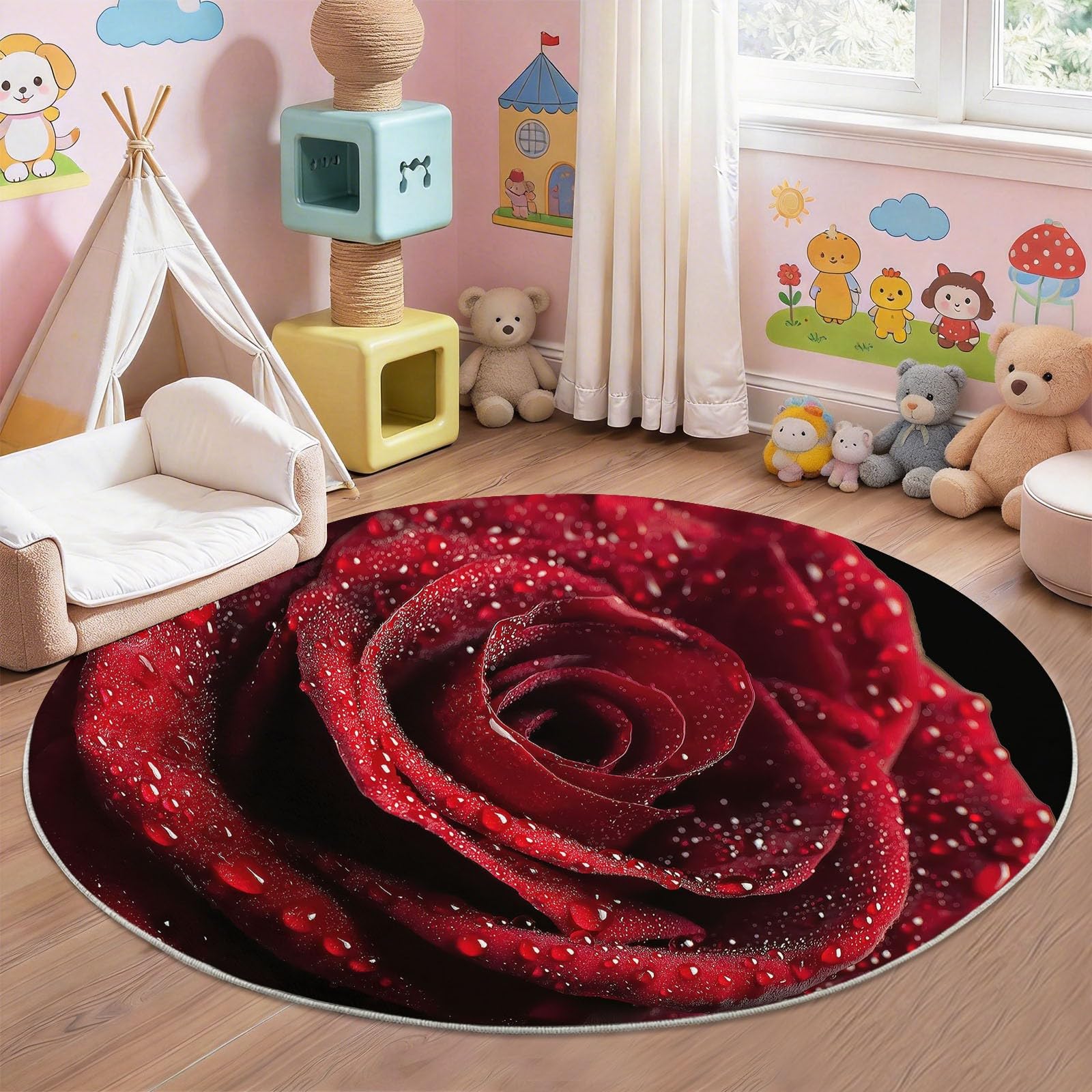 Okrągły dywan 120 cm realistyczny botaniczny czerwony czarny różowy krople wody płatki okrągły dywan, miękki, antypoślizgowy, zmywalny - nadaje się do sypialni, przedpokoju, pokoju rodzinnego sypialni