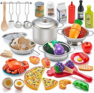 Kidsciety Pretend Play Kitchen Accessories, 52pc Kids Kitchen Playset with Play Food, Stainless Steel Cookware, Kitchen Toys Pots and Pans, Toddler Kitchen Set with Cuttable Toy Food, Boys Girls Gift