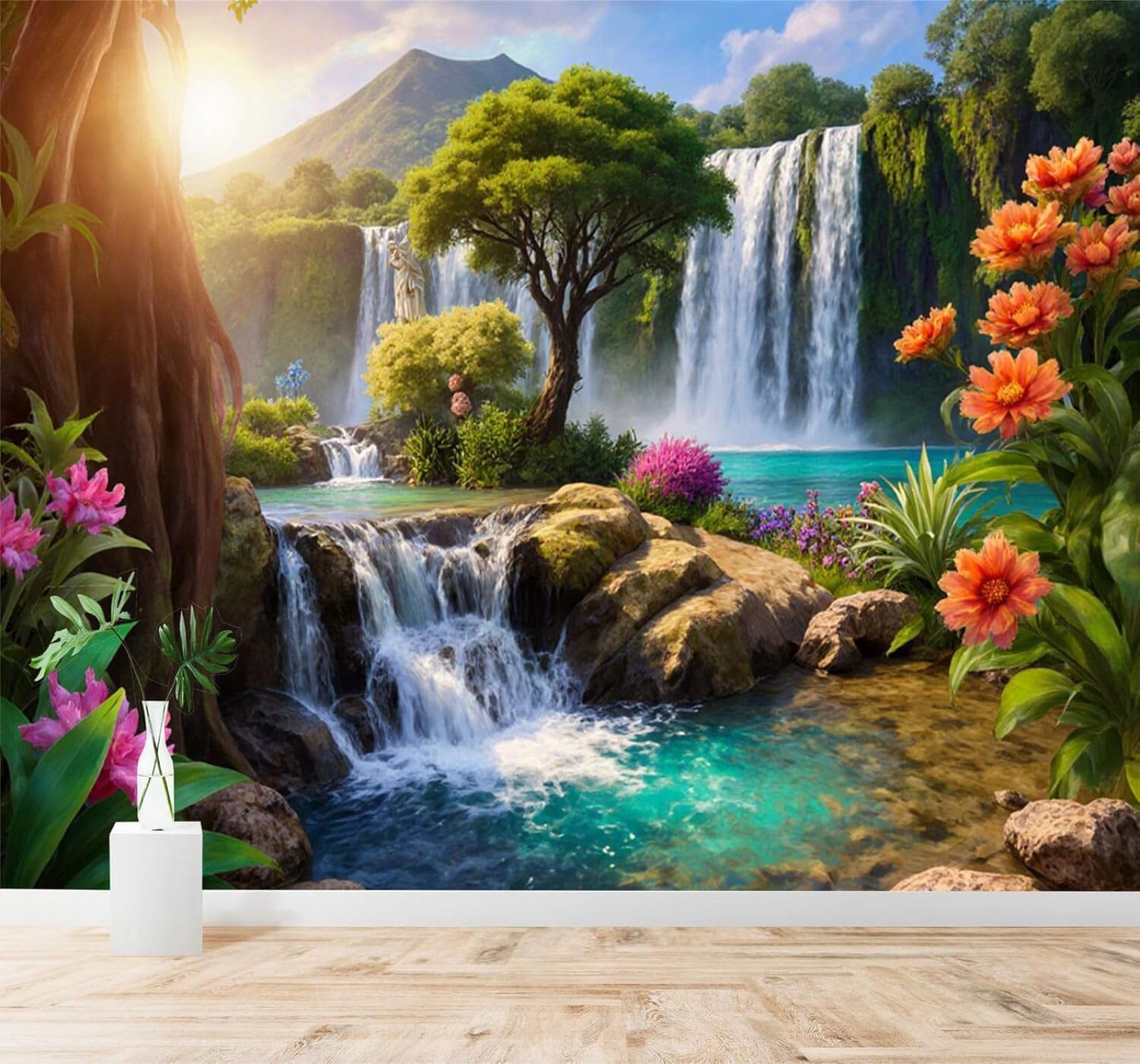XLMING Tropical Waterfall Mountain Peaks Flowers Natural Scenery 3D Wallpaper Silky Texture Home Study Office Grey Dining Room Sofa Bedroom Living Room TV Backdrop-300cm×210cm
