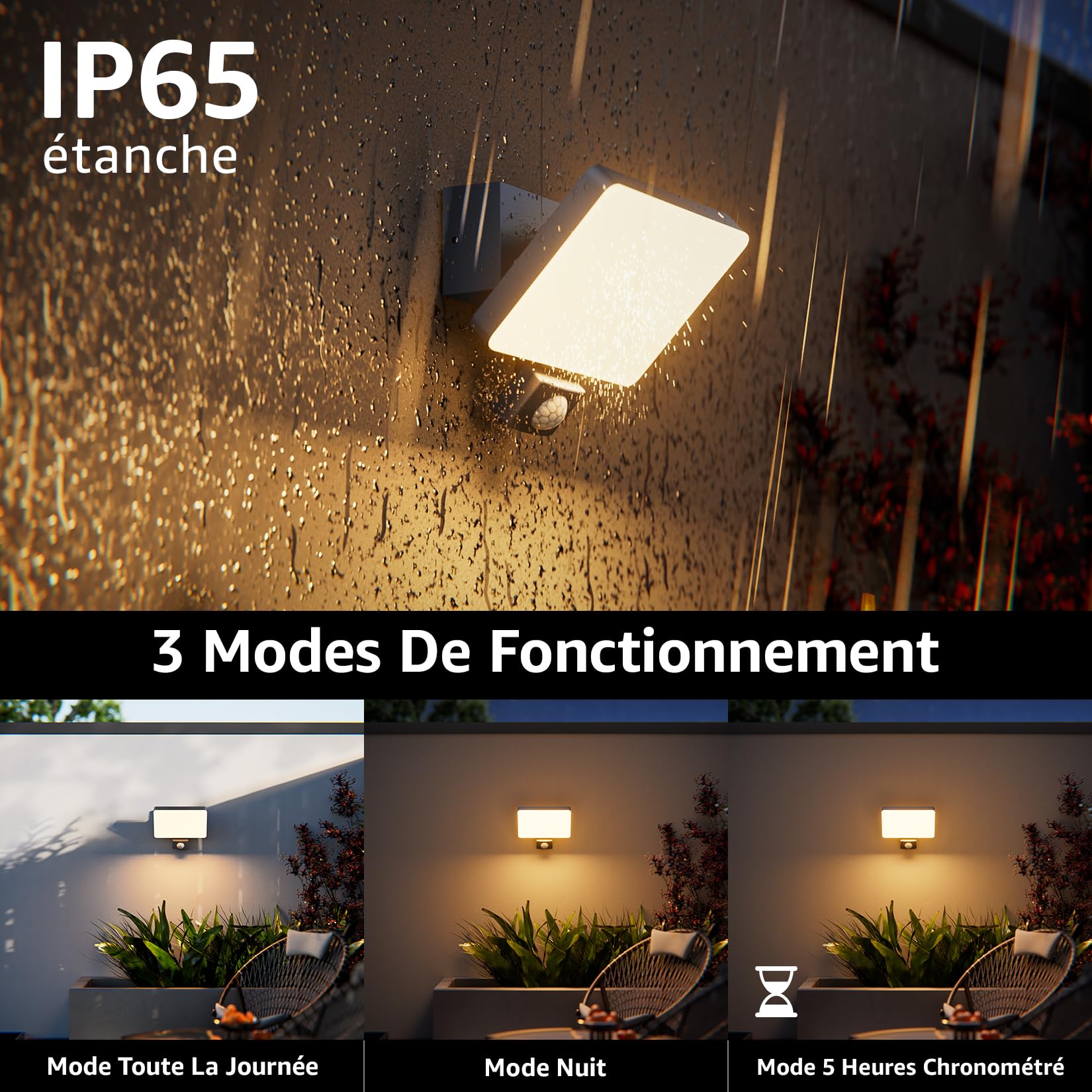 K-Bright 24W Luminaire exterieur avec detecteur de mouvement, Lumière extérieure angle d'éclairage réglable, 3000K lumière chaude Applique, IP65 Applique Murale(Anthracite)