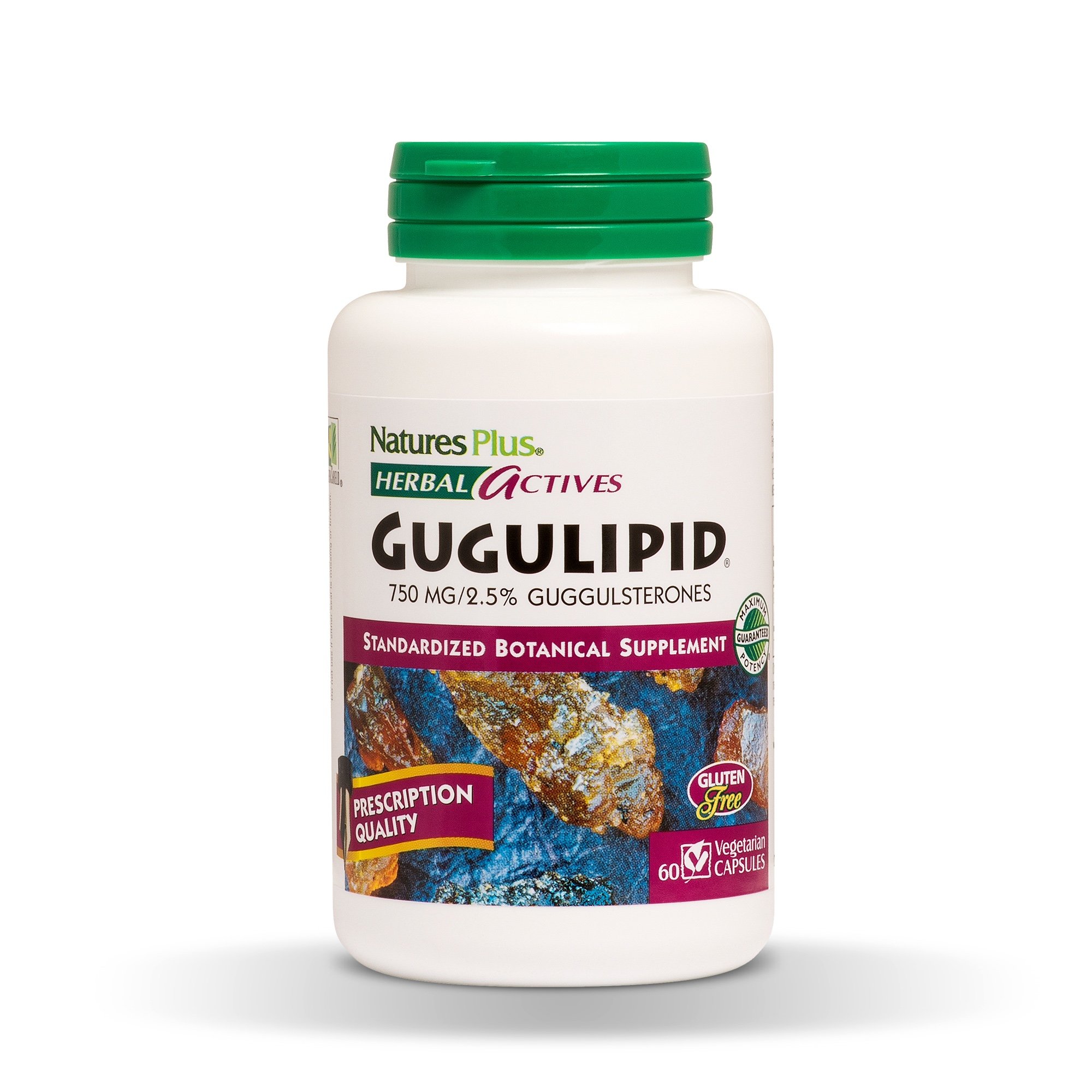 Natures Plus Herbal Actives Gugulipid - 750 mg, 2.5% Guggulsterones - 60 Vegan Capsules - Ayurvedic Botanical Supplement - Maximum Potency - Vegetarian, Gluten-Free - 60 Servings