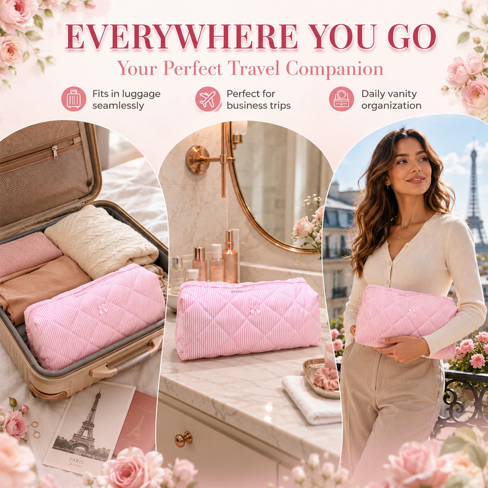 Aufbewahrungstasche für Dyson Airwrap und Zubehör, Reisetasche Kosmetiktasche, Große Kapazität mit Fächern, Leichtbau（Rosa gestreifter Stil）