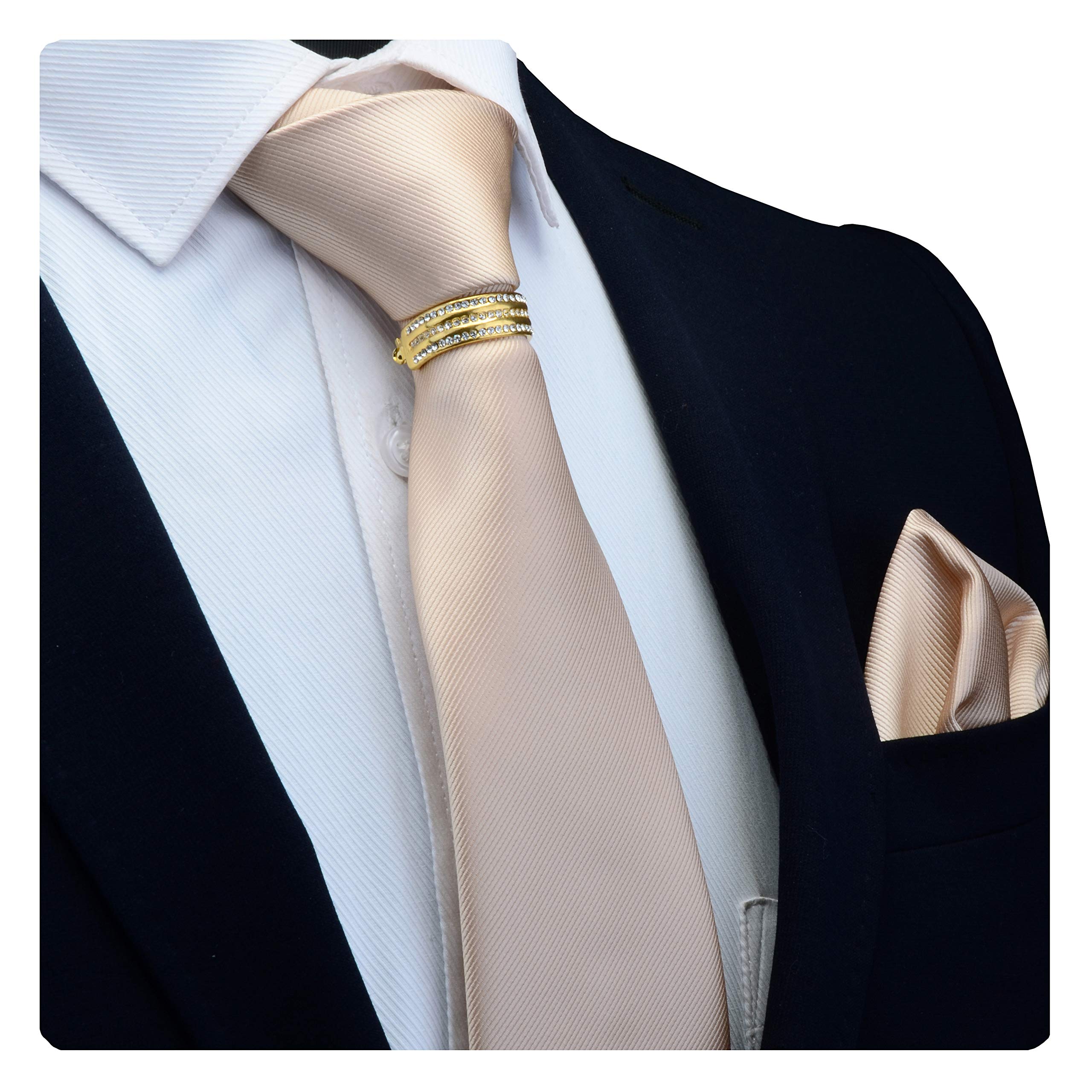 Gusleson Brand Men's Solid Silk Wedding Champagne Ties Neckties and Pocket Square Clasp Pins Sets (UK0799-10-G)