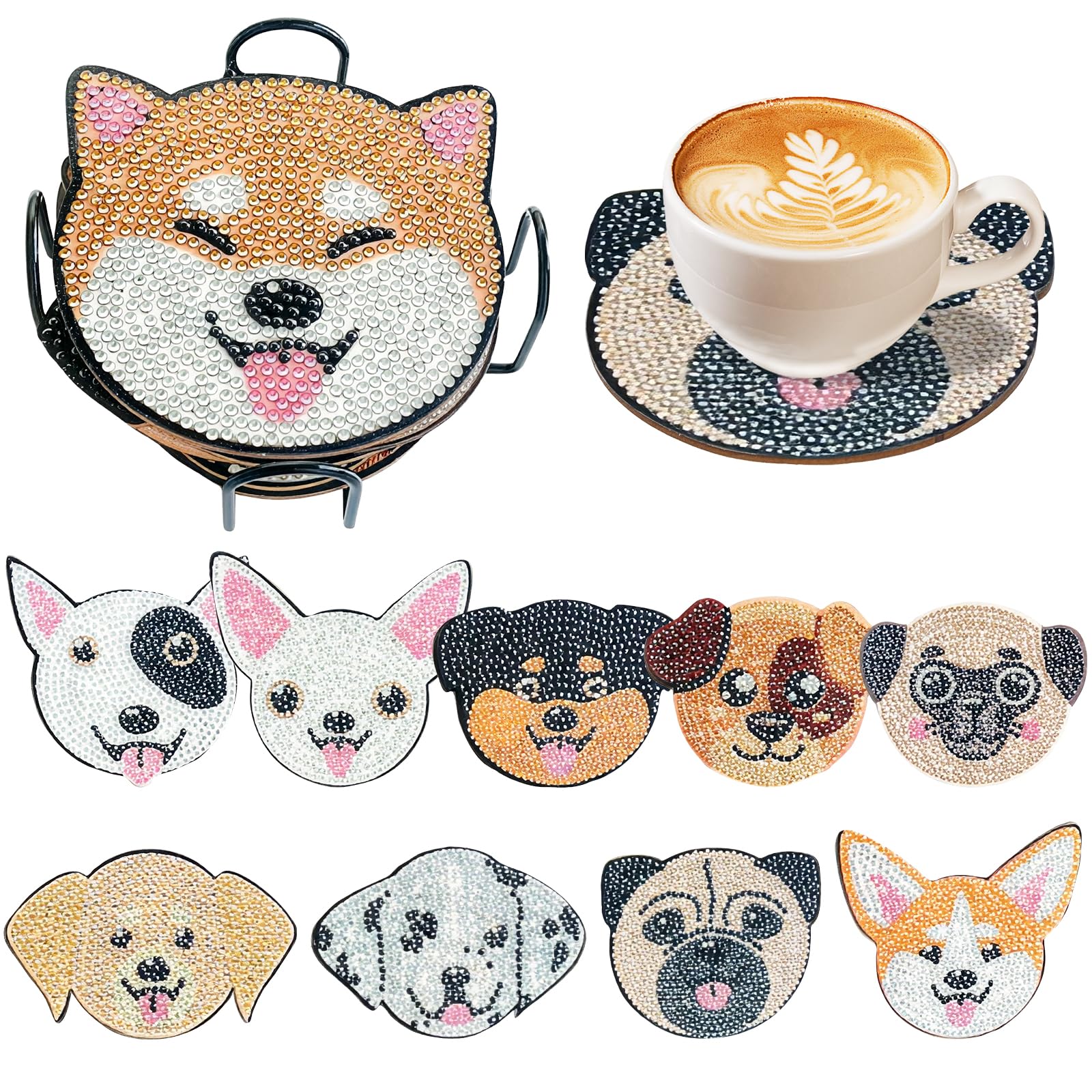 Diamond Art Coasters Set,DIY Diamonds Painting Coasters with Holder for Adults,Non Slip Cup Mat Gem Art Crafts Supplies for Home Decor House Warming Gifts(Style 2-10Pcs)