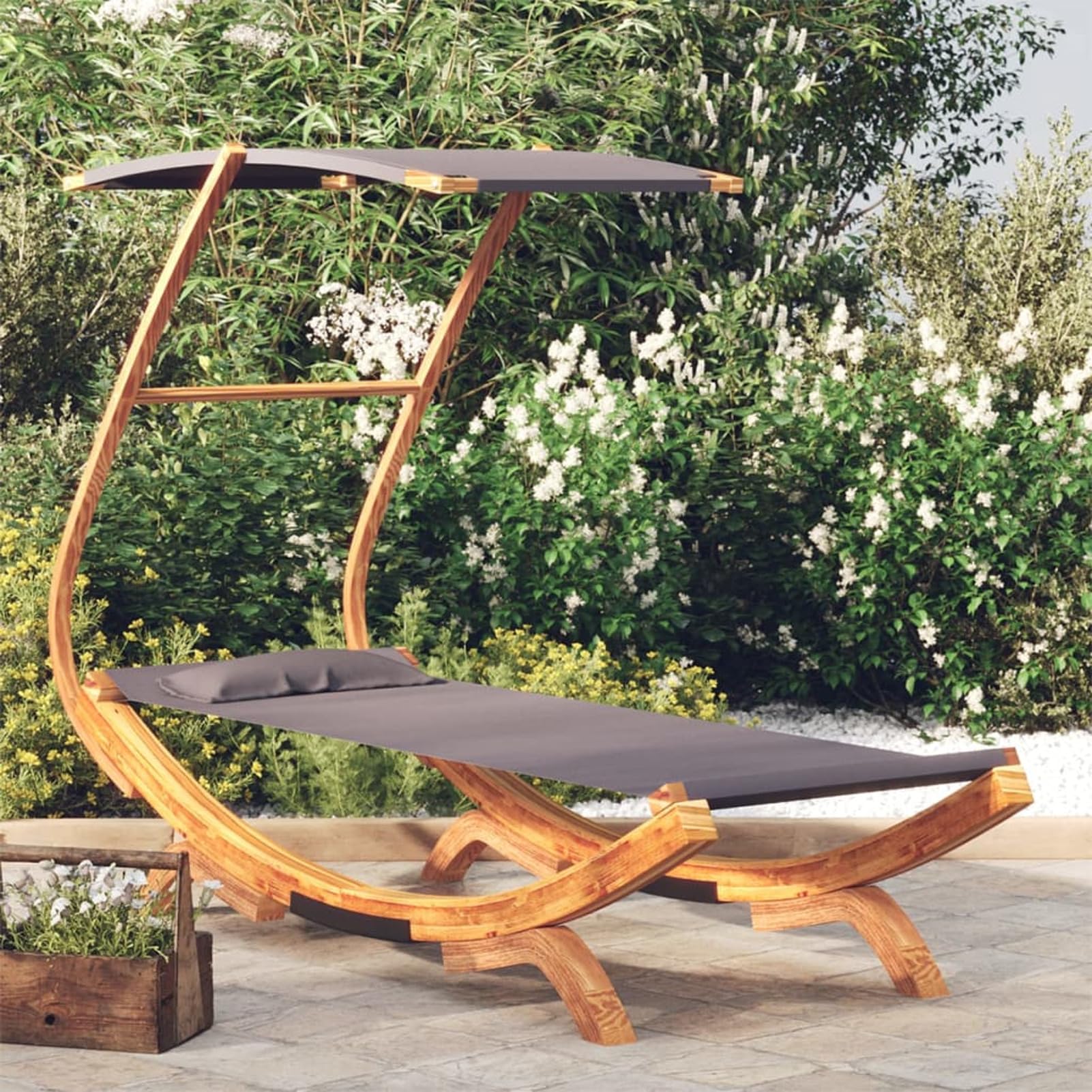Homgoday Letto Riposo e Baldacchino 100 x 190 x 134 cm, in legno curvato massiccio antracite, lettino da giardino, letto da campeggio per spiaggia, esterno, balcone, terrazza