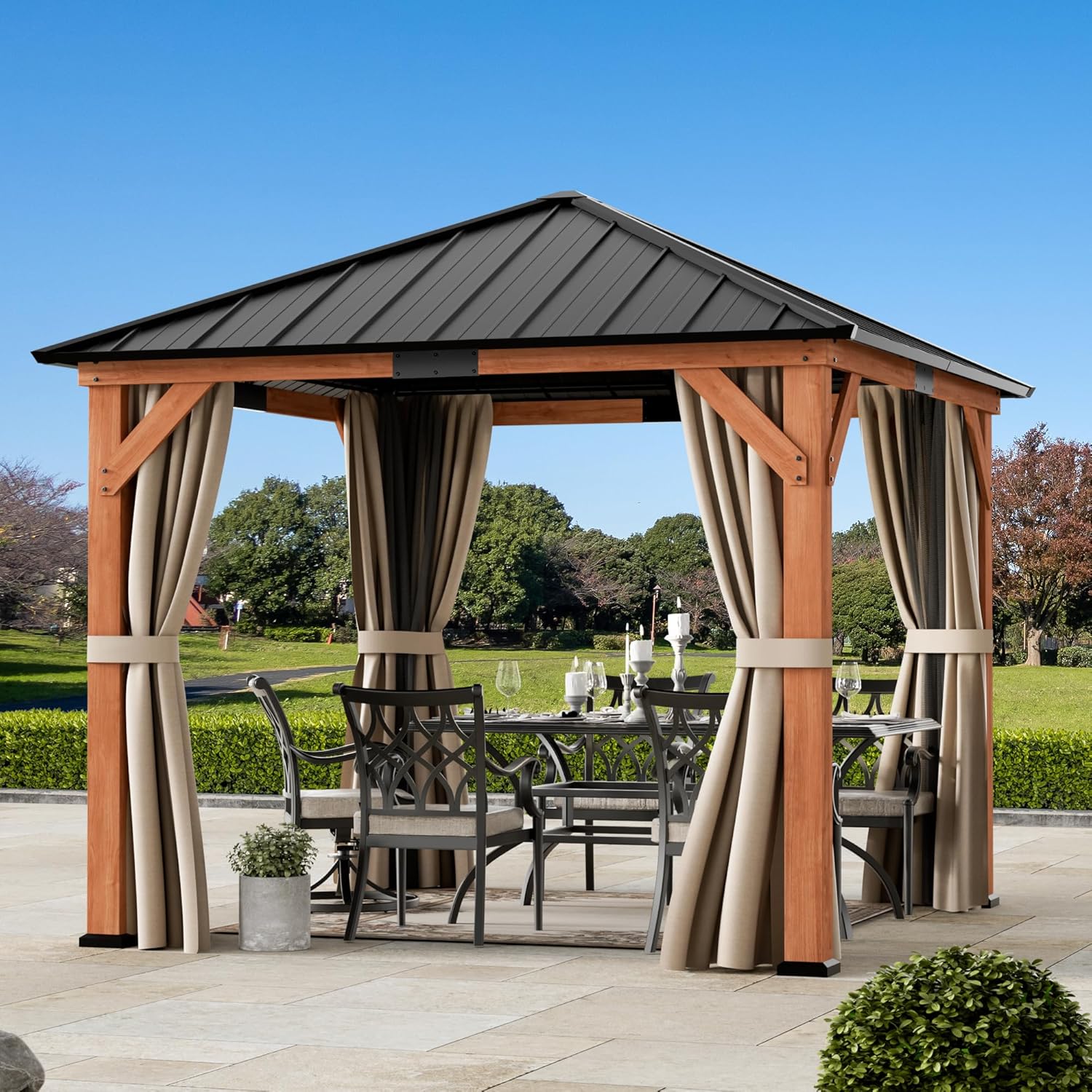 Big Leaf 10'x10' Wood Gazebo with Galvanized Steel Roof - Hardtop Gazebo with Cedar Frame Permanent Hardtop with Mosquito Netting & Curtains for Garden, Backyard and Patio