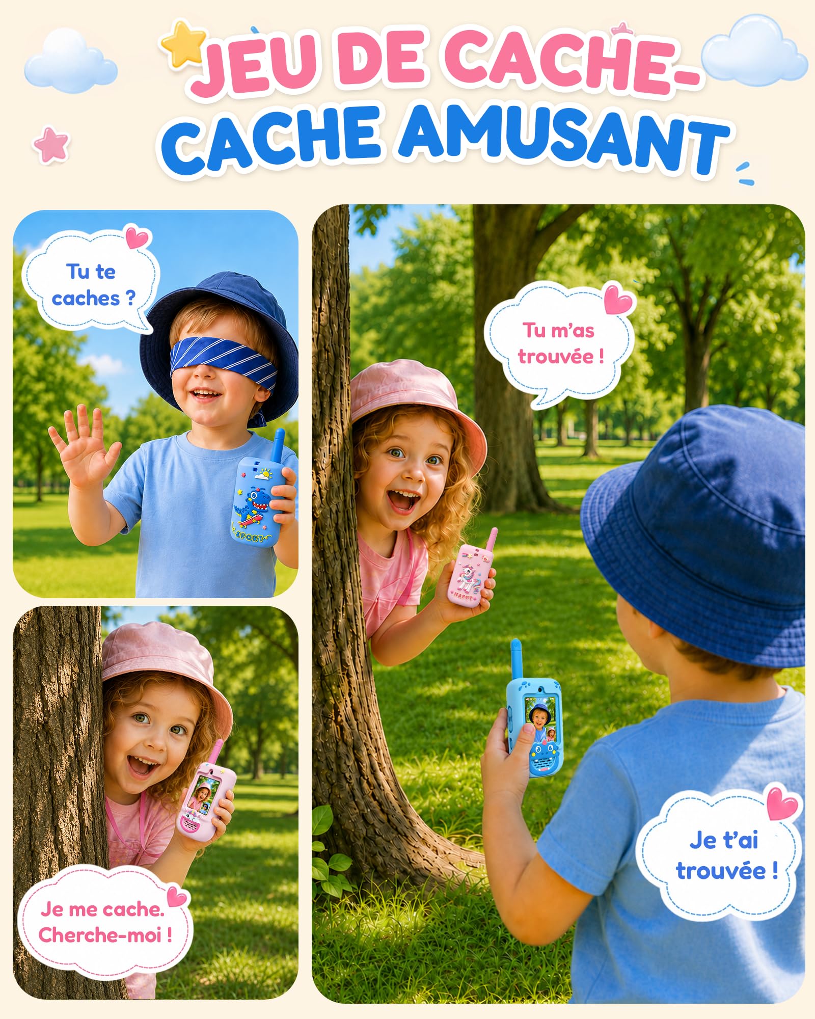 KOKODI Talkie-walkie Vidéo pour Enfants 3 à 9 Ans, Talkies Radio Rechargeables avec Écran Temps Réel et Coques Silicone Fun (Dinosaure Bleu & Licorne Rose)