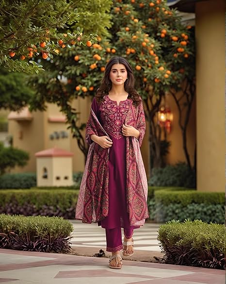 GoSriKi Women's Rayon Viscose Embroidered Straight Kurta with Pant & Dupatta - Image 3