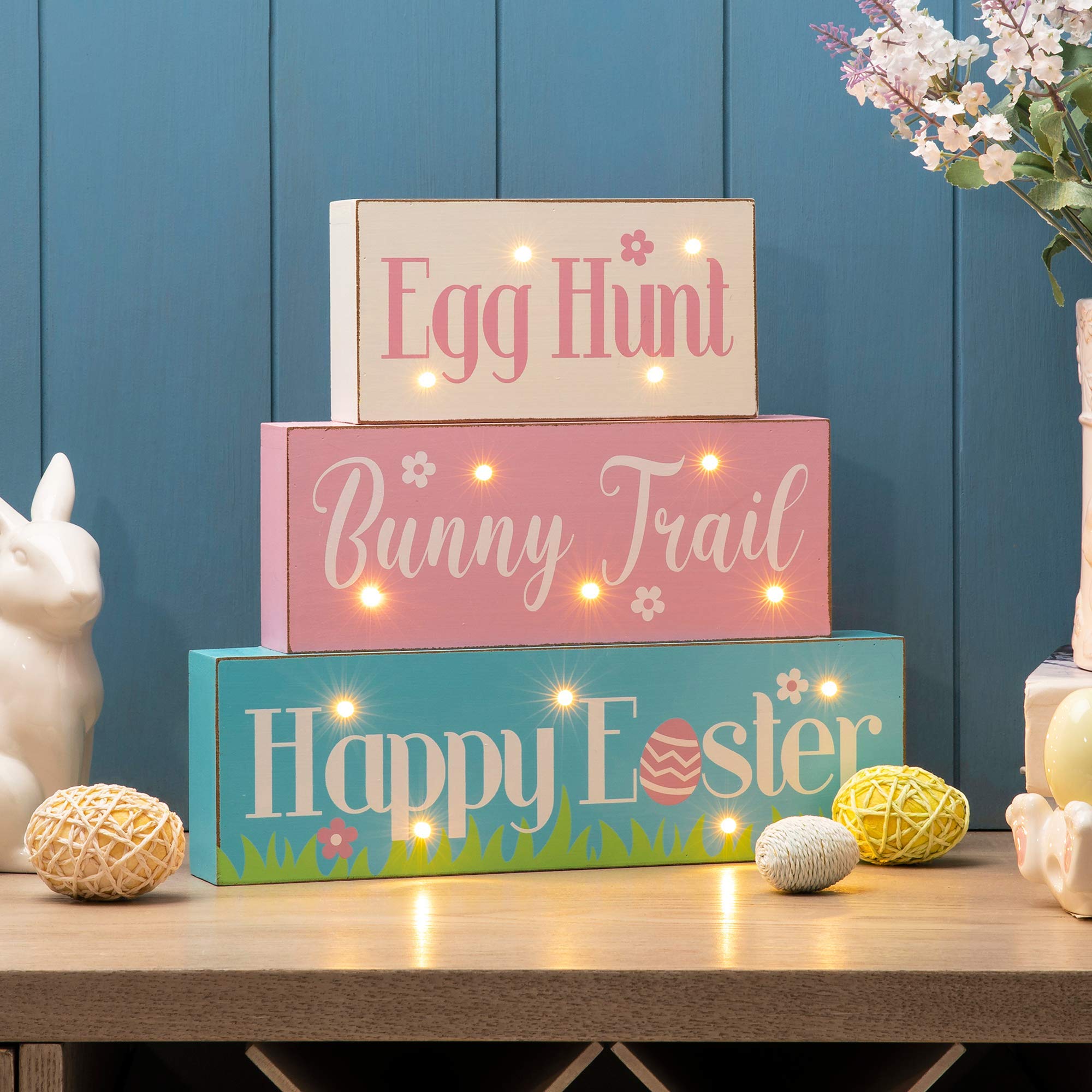 glitzhomeLED Lighted Wooden/Metal Block with Sayings Egg Hunt, Trail, Happy Easter Bunny Holiday Decorations Signs, Multi-color
