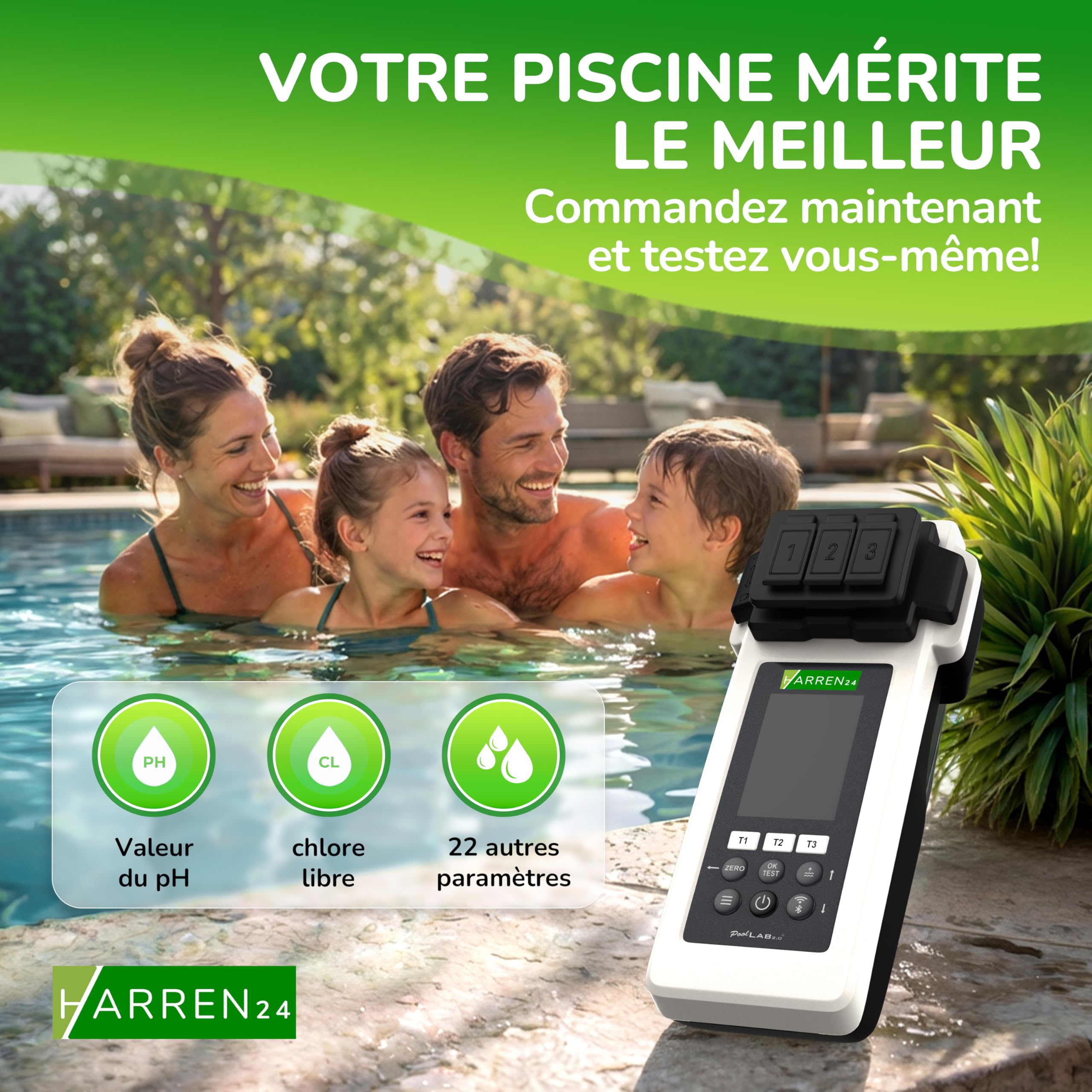 Poollab 2.0 Special Edition - Testeur électronique de piscine (photomètre) - 170 comprimés rouges de phénol pour test de la valeur du pH et du chlore - Accessoires de piscine (avec DPD1,